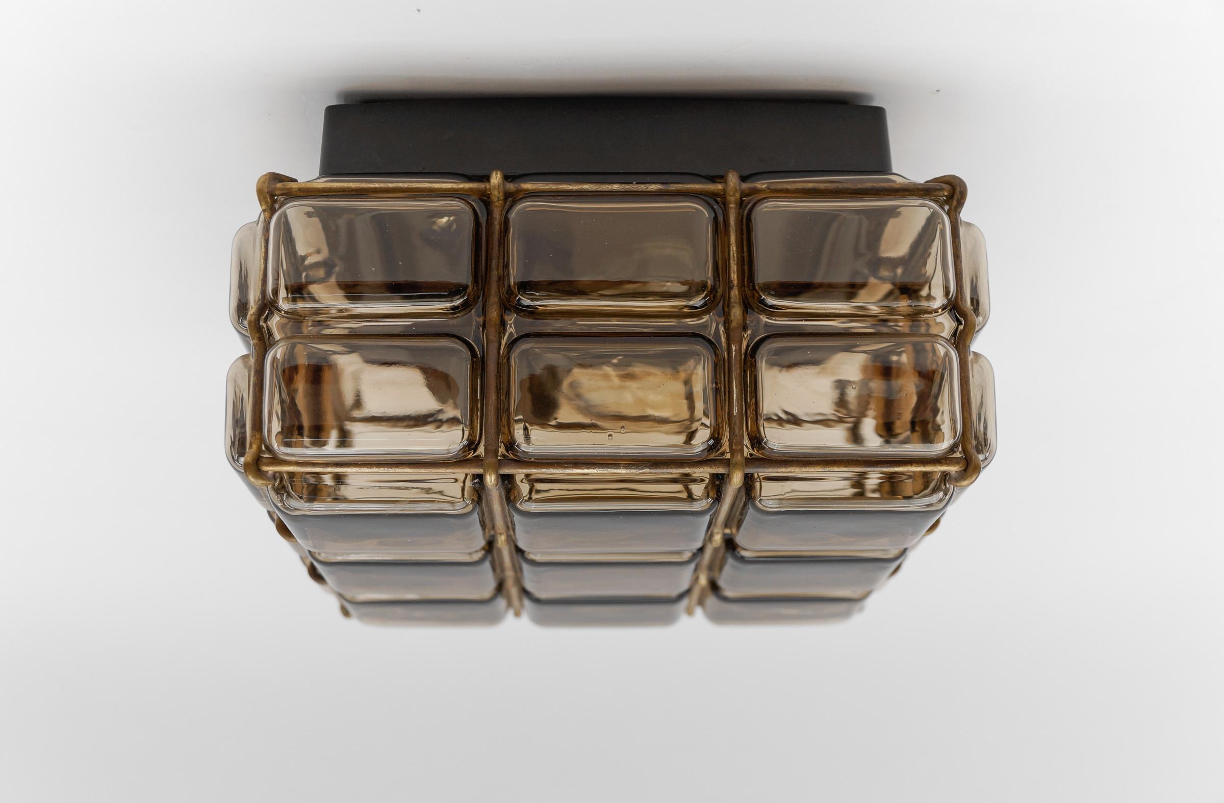 Mid-20th Century Smoked Glass and Brass Grid Flush Mount 