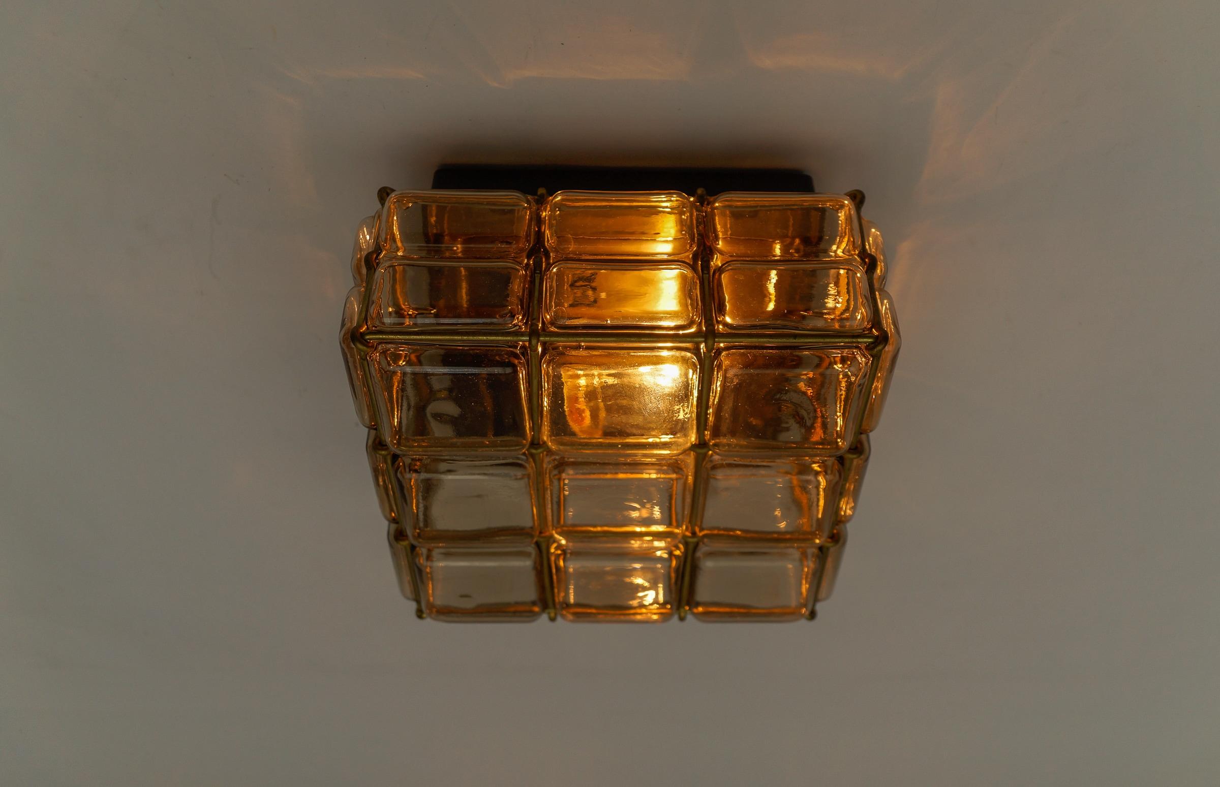 Smoked Glass and Brass Grid Flush Mount 