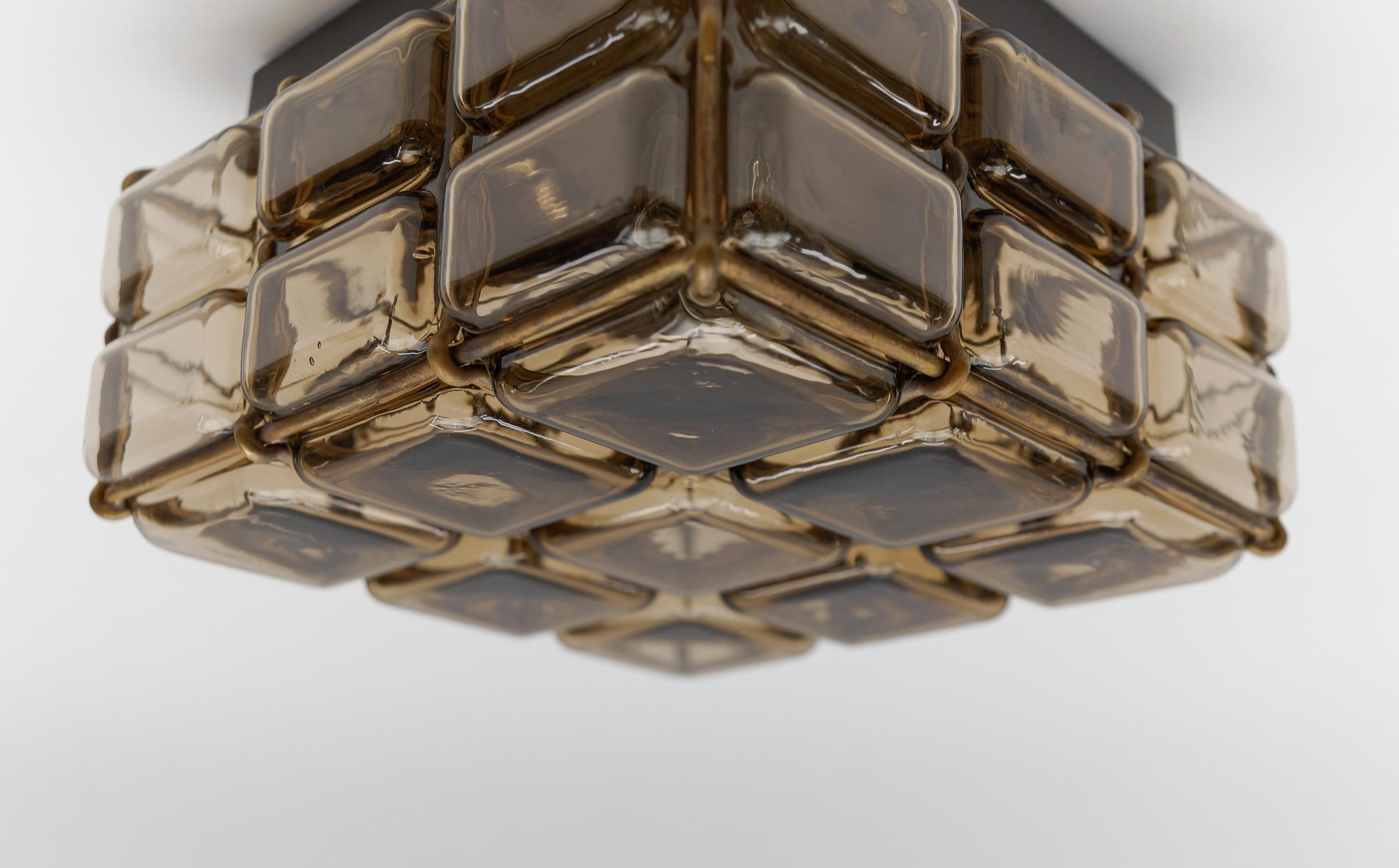 Smoked Glass and Brass Grid Flush Mount 