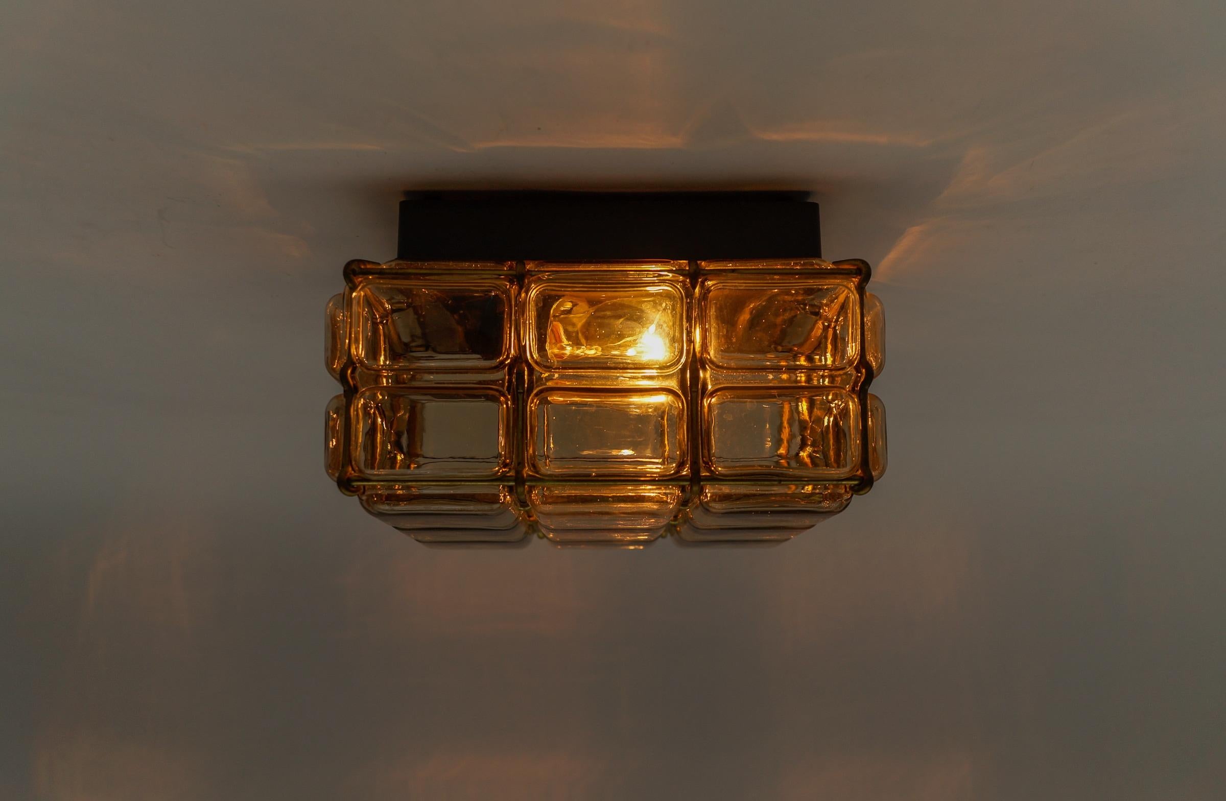 Smoked Glass and Brass Grid Flush Mount 