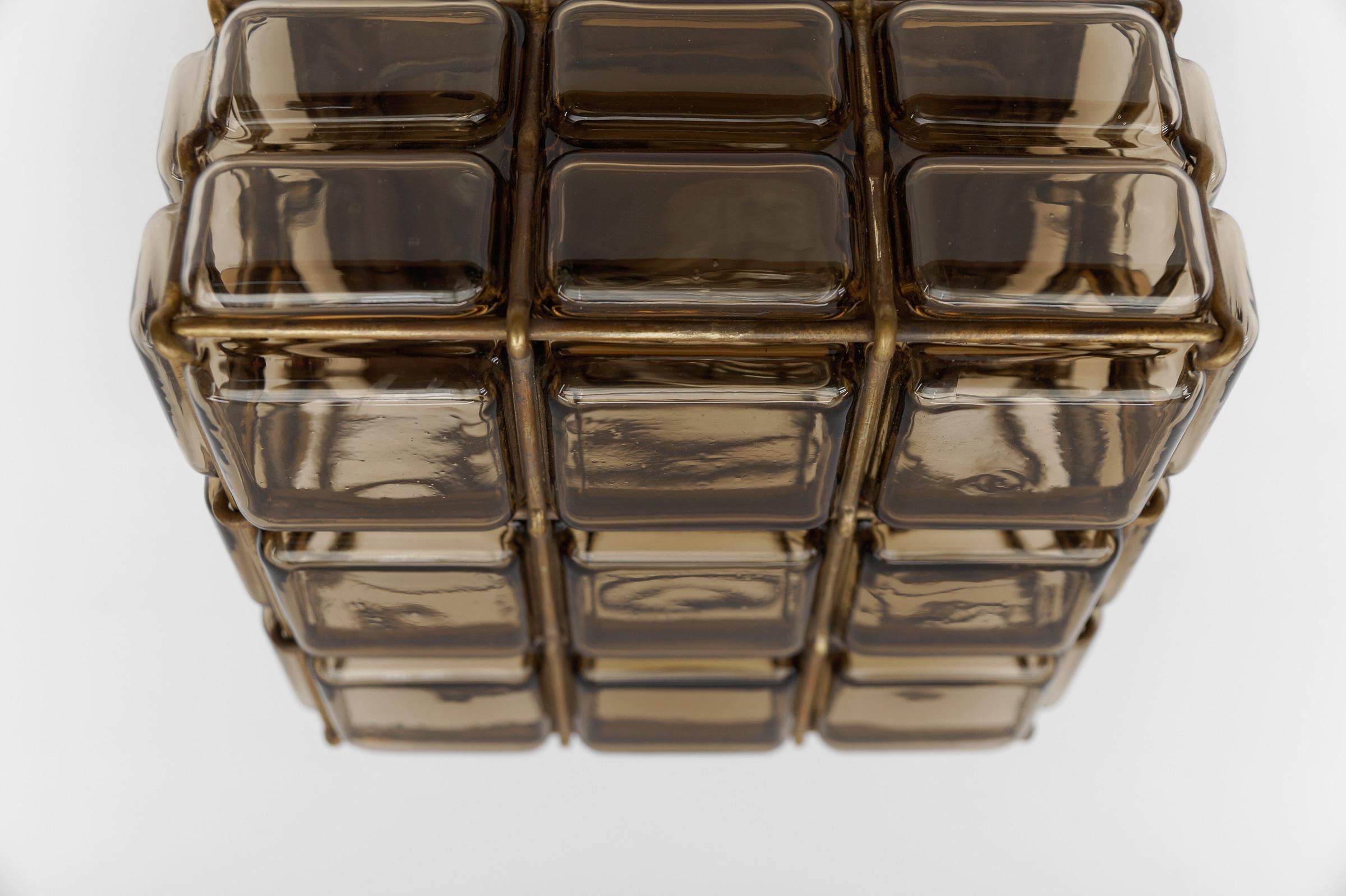 Smoked Glass and Brass Grid Flush Mount 