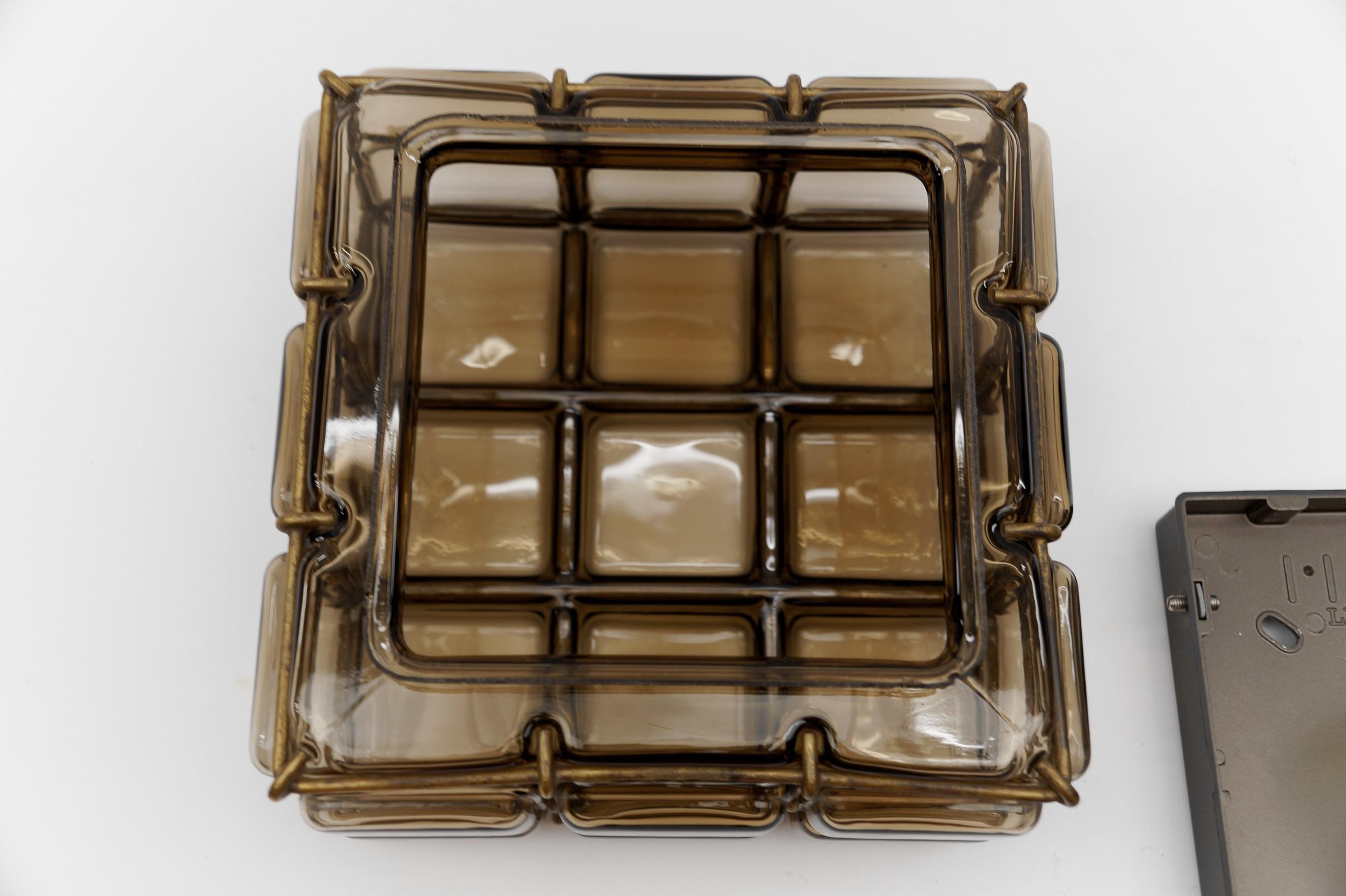 Smoked Glass and Brass Grid Flush Mount 