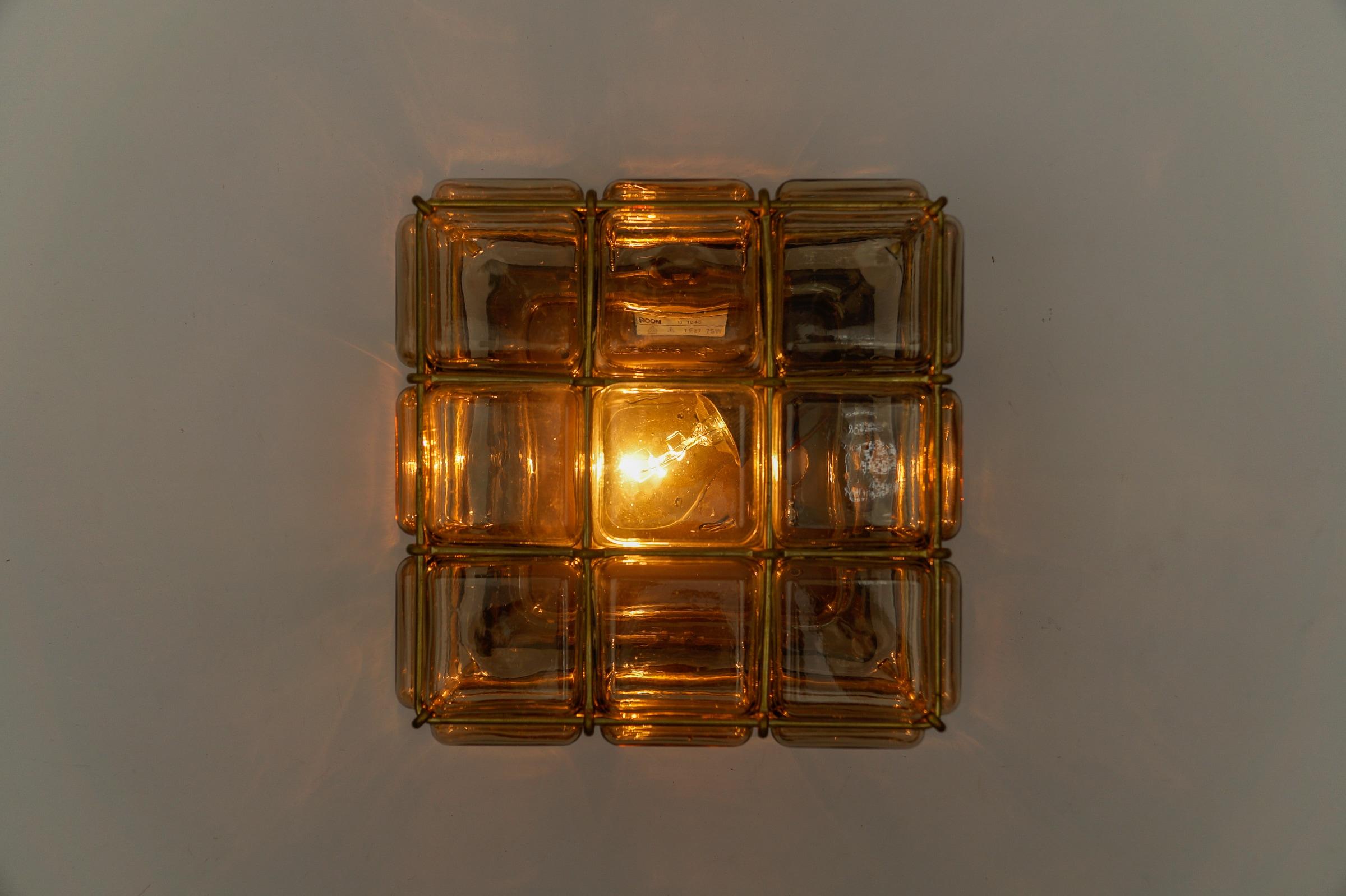 Smoked Glass and Brass Grid Flush Mount 