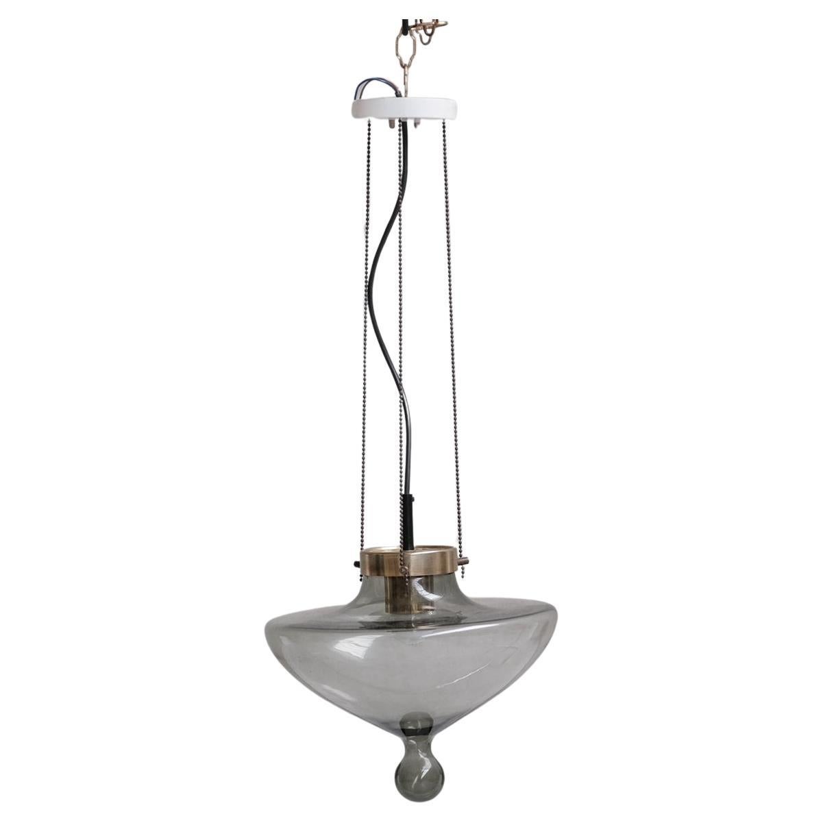 Smoked Glass and Brass RAAK Pendant Light (2 Available) For Sale