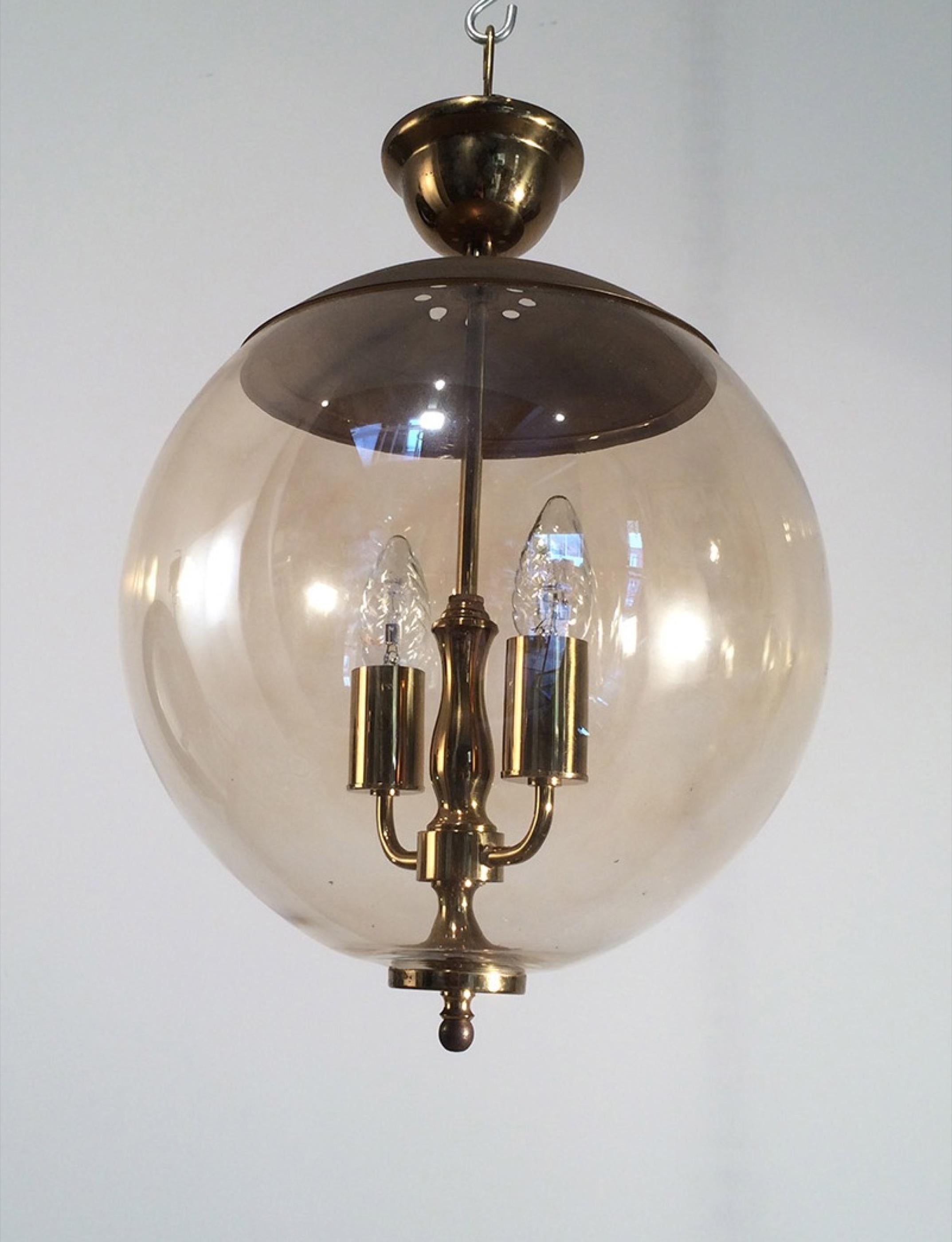 Smoked Glass and Brass Round Fixture. French, circa 1970  5