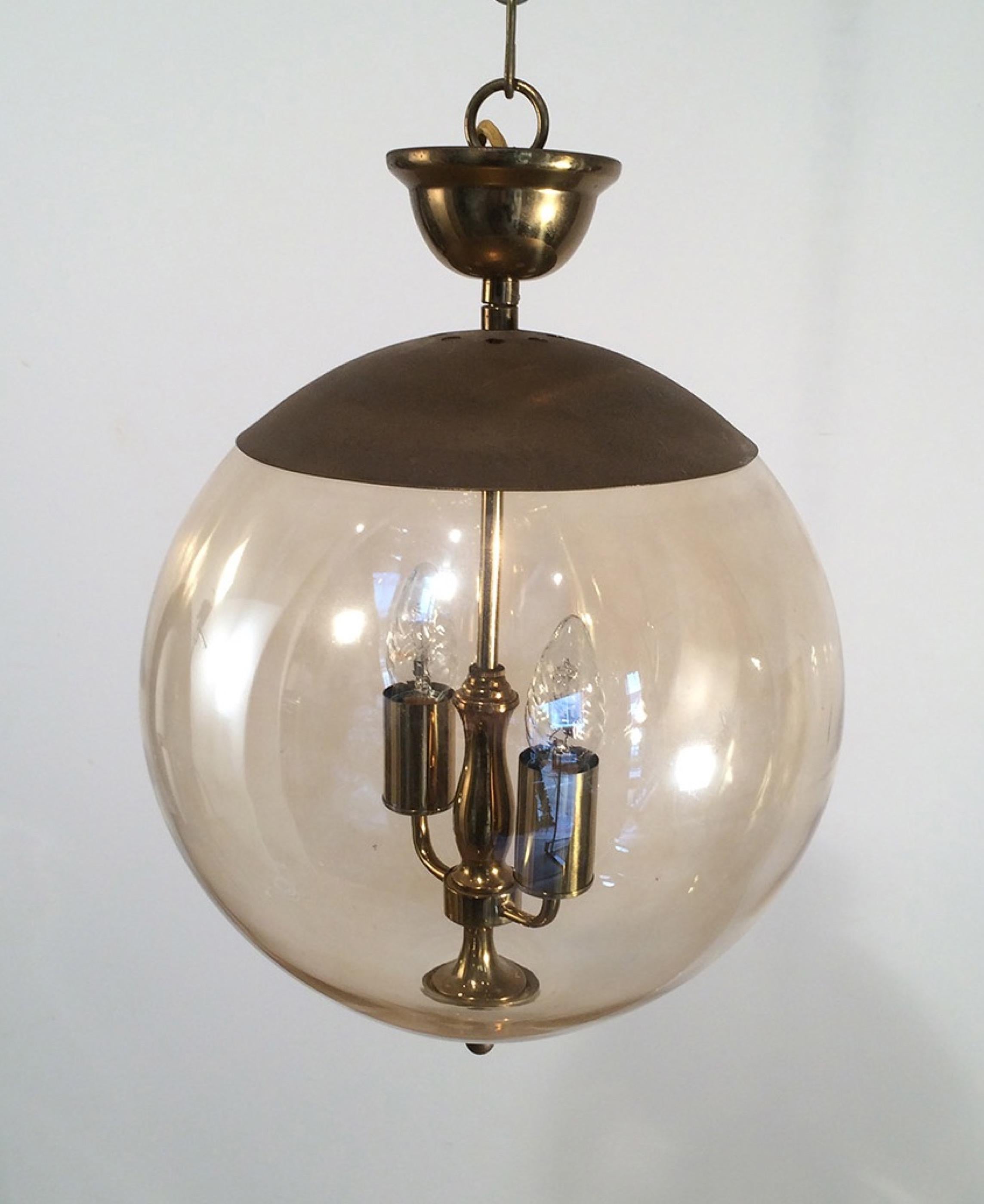 Smoked Glass and Brass Round Fixture. French, circa 1970  6