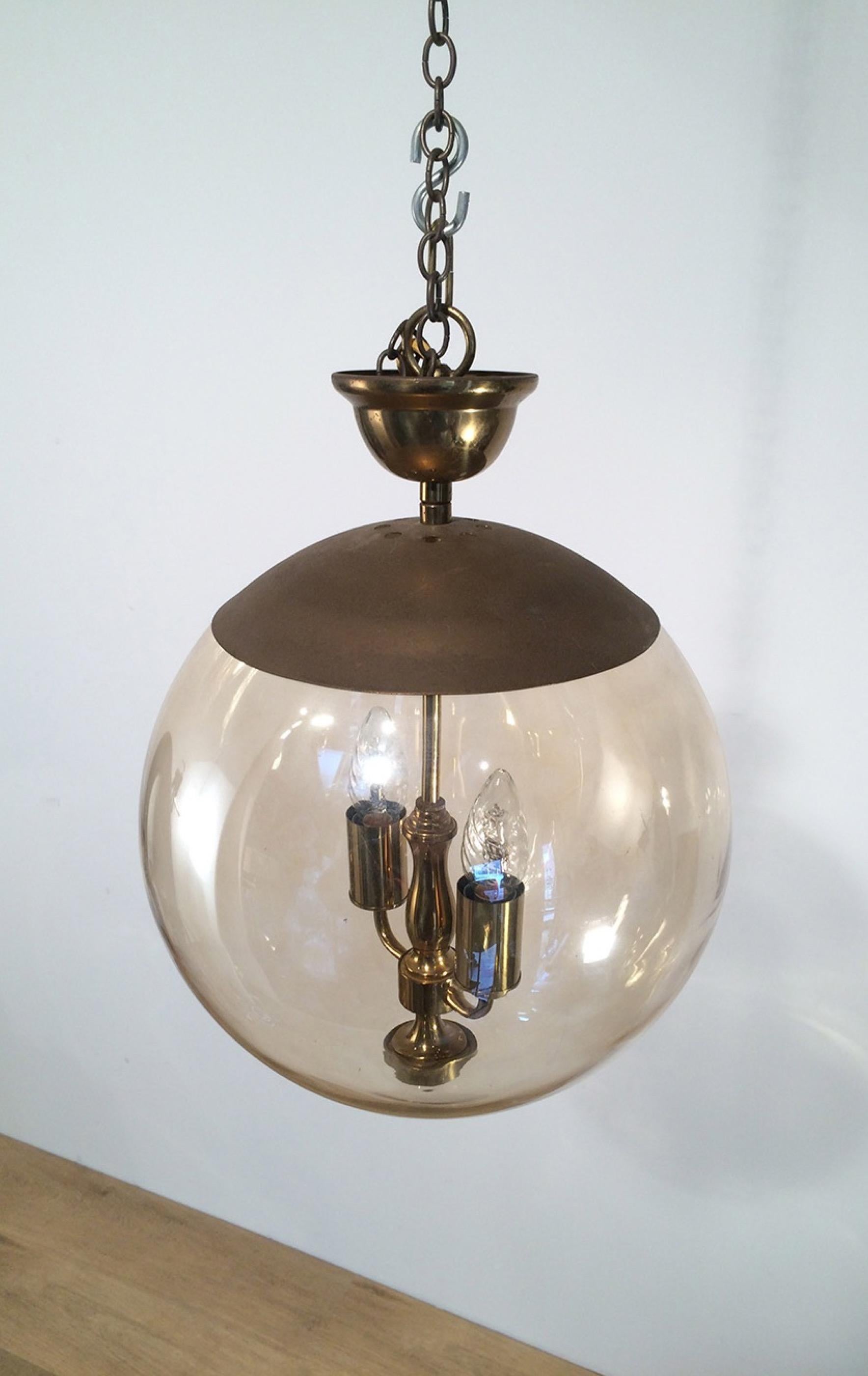 Mid-Century Modern Smoked Glass and Brass Round Fixture. French, circa 1970 