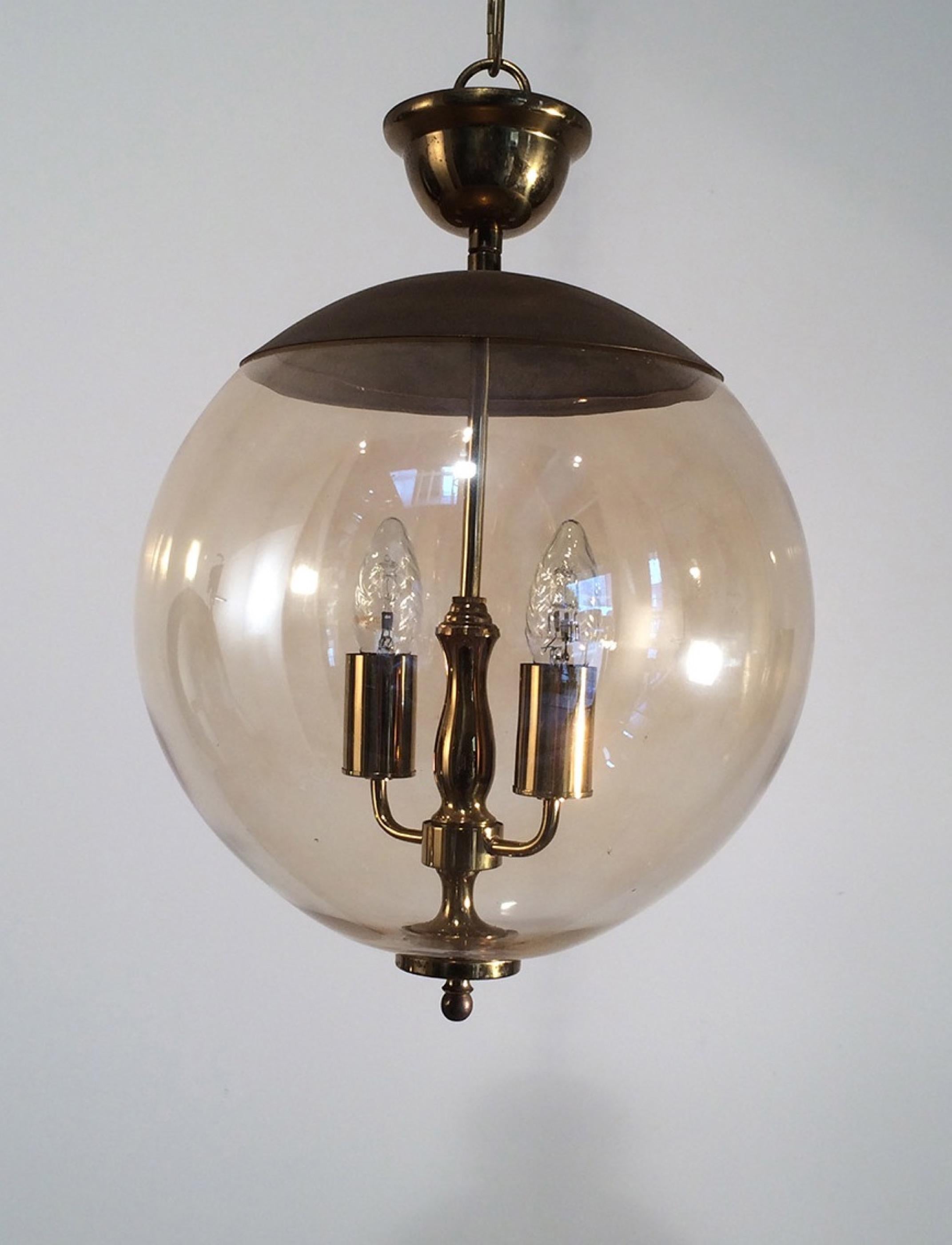 Smoked Glass and Brass Round Fixture. French, circa 1970  In Good Condition In Marcq-en-Barœul, Hauts-de-France
