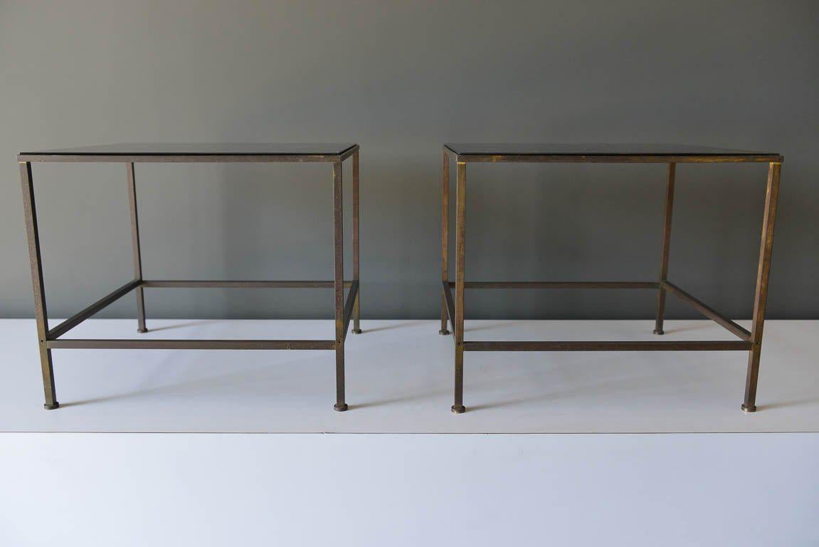 Smoked Glass and Brass Side or End Tables by Finn Andersen for Selig, ca. 1965. Great patina to the brass, glass is excellent. Feet are intact on all legs. Each measure 18