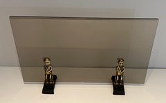 Smoked Glass and Bronze Fireplace Screen with Seated Shamans by A Prinner