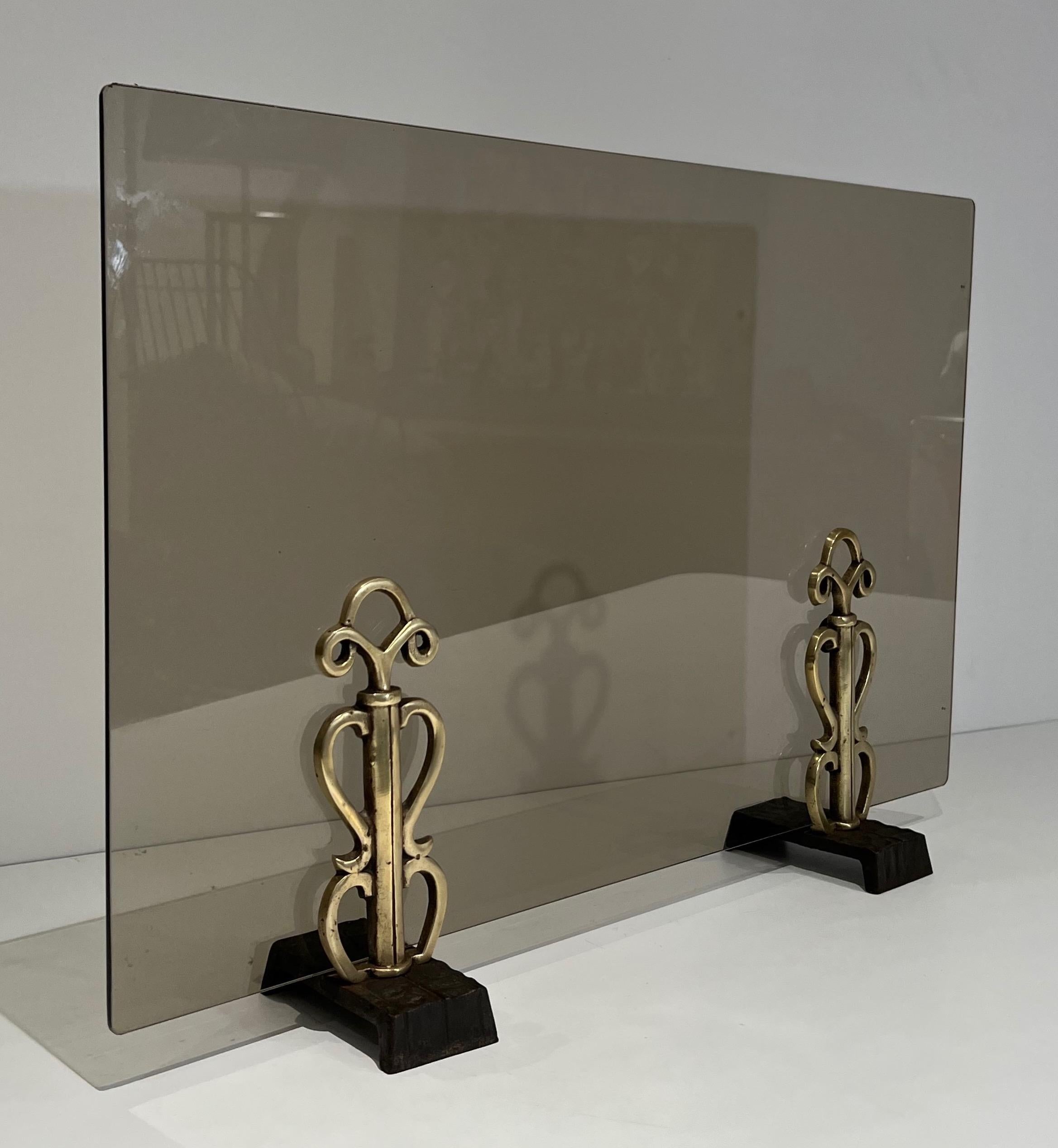 Smoked Glass and Bronze Modernist Fireplace Screen in the style of Raymond Subes For Sale 7