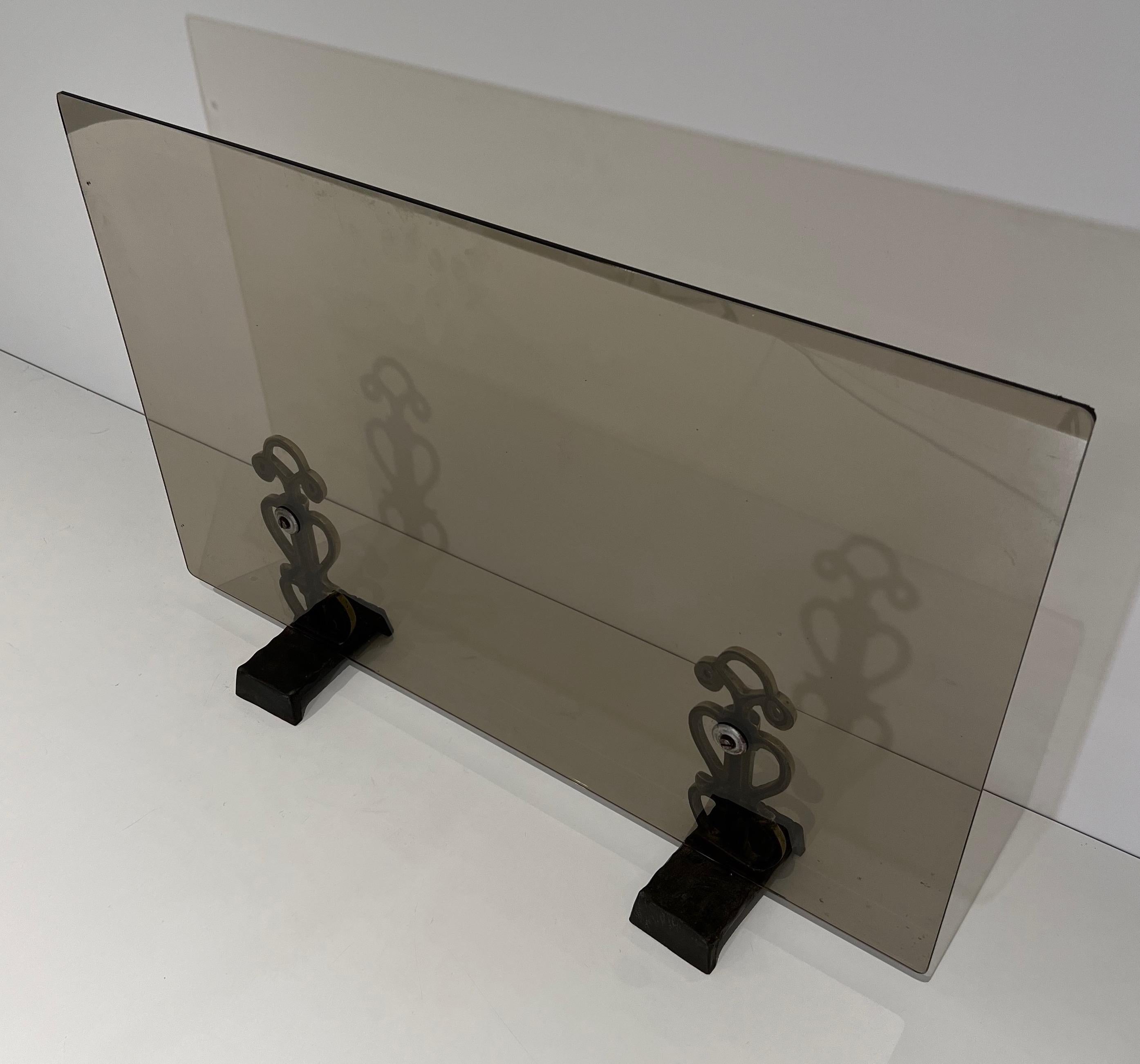 Smoked Glass and Bronze Modernist Fireplace Screen in the style of Raymond Subes For Sale 8