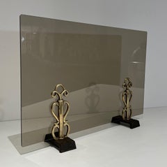 Smoked Glass and Bronze Modernist Fireplace Screen in the style of Raymond Subes