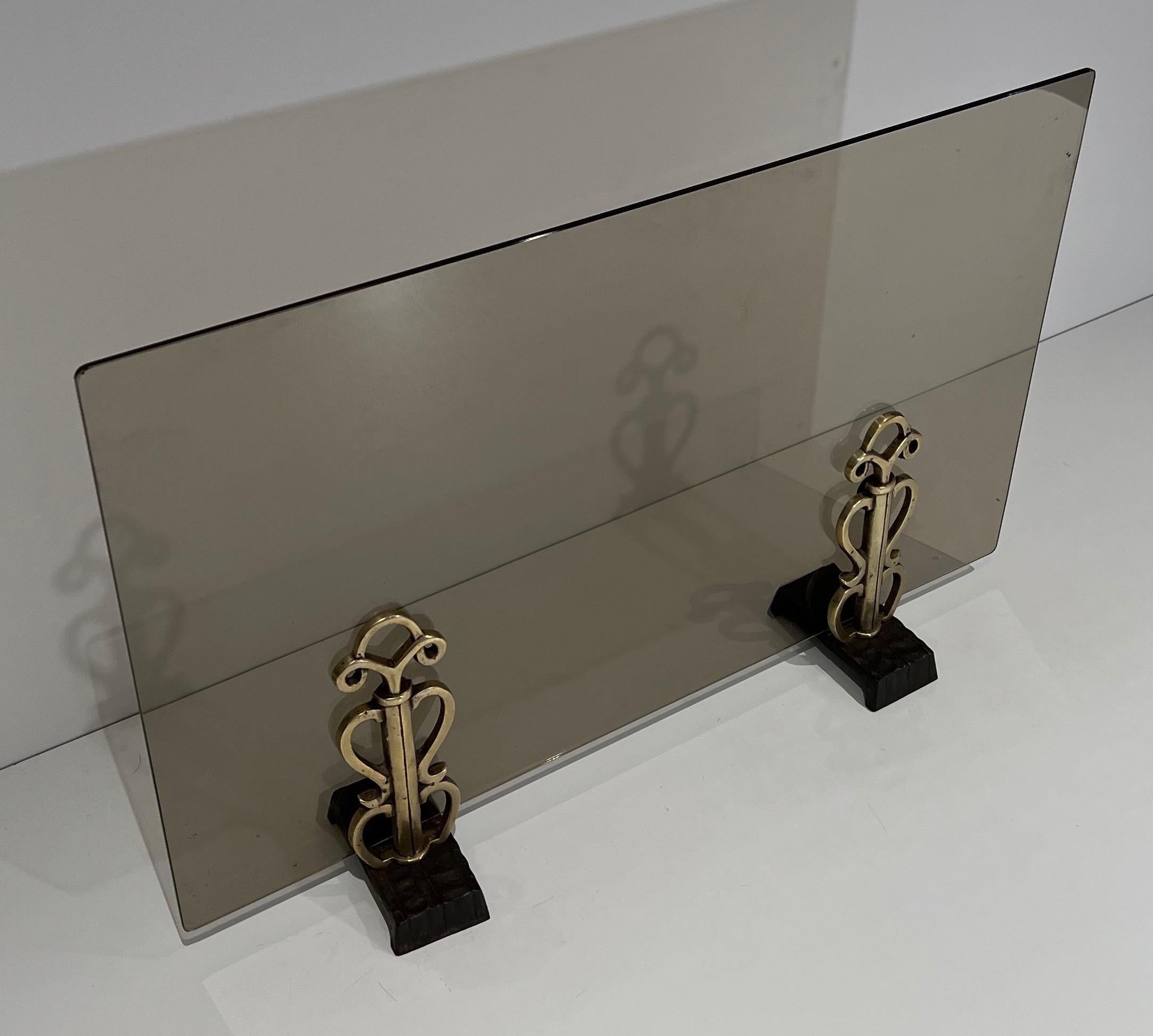 French Smoked Glass and Bronze Modernist Fireplace Screen in the style of Raymond Subes For Sale