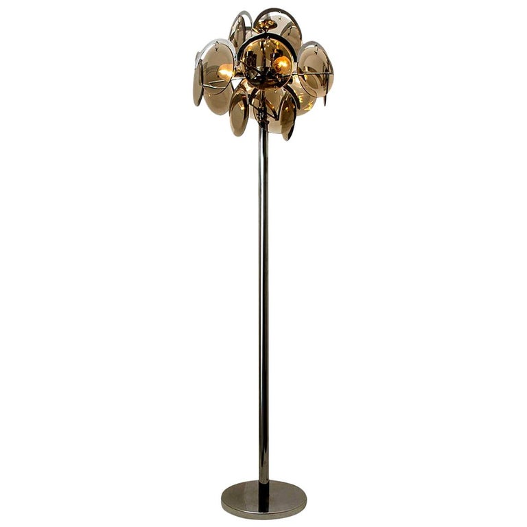 Smoked Glass and Chrome Floor Lamp in the Style of to Vistosi, Italy