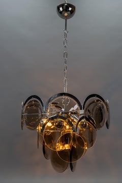 Smoked Glass and Chromed Metal Seven-Light Pendant Chandelier, Italy, 1970s