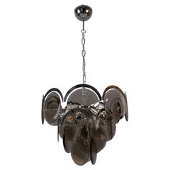 Smoked Glass and Chromed Metal Seven-Light Pendant Chandelier, Italy, 1970s