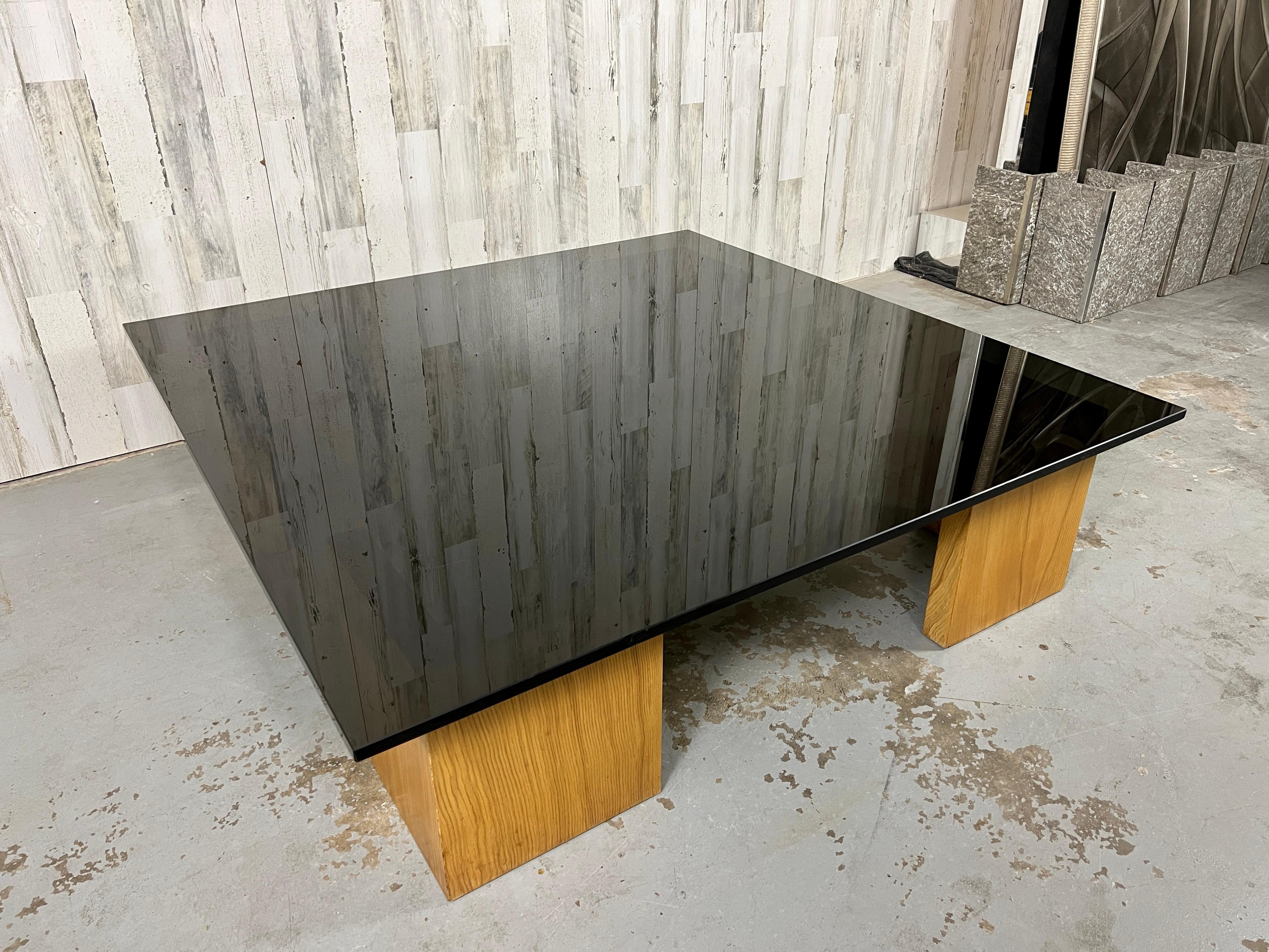 Mid-Century Modern Smoked Glass and Wood Coffee Table For Sale