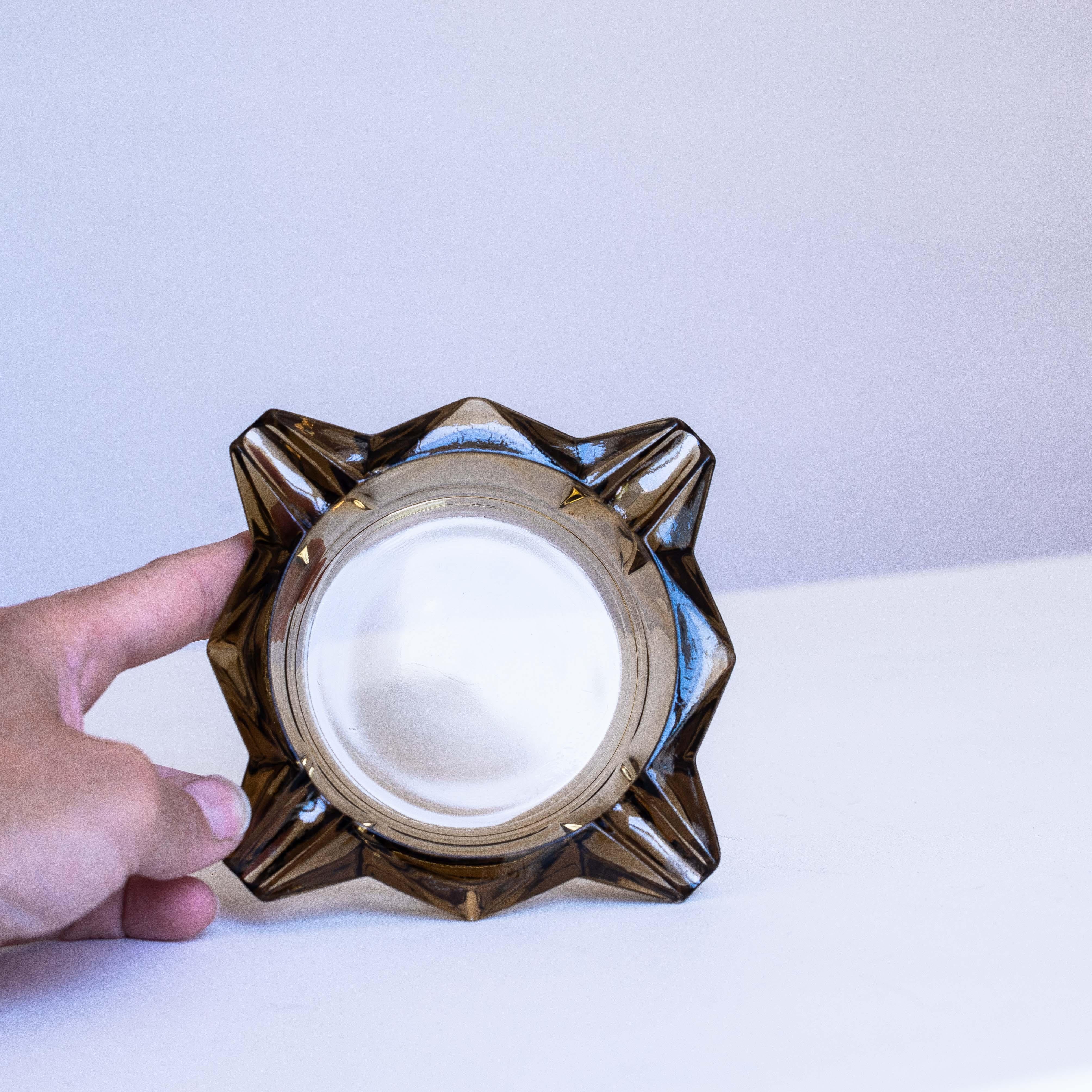 Molded Smoked Glass Ashtray, Star Geometric Design, France 1970s For Sale