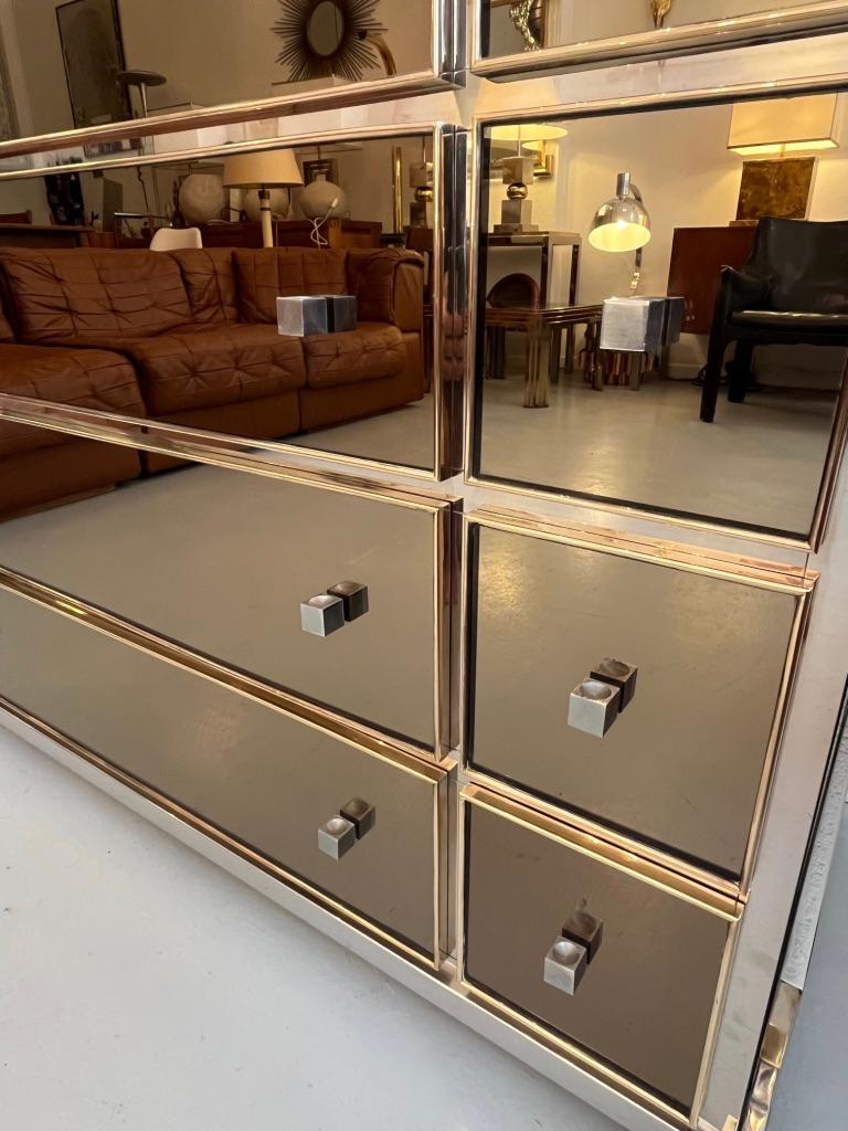 Smoked Glass & Brass Mirrored Dresser by Michel Pigneres, France ca. 1970s For Sale 2