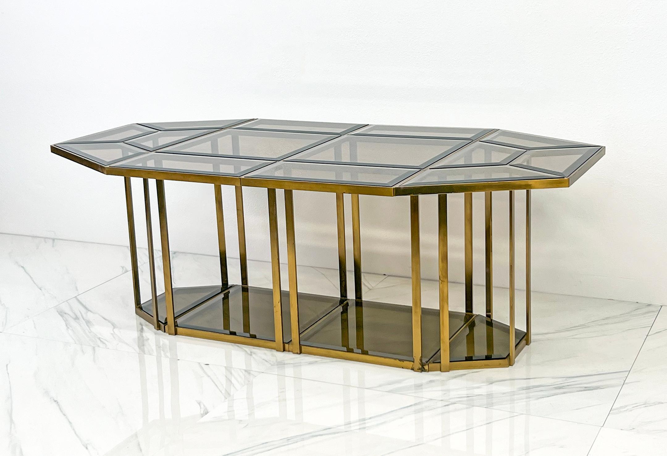 Smoked Glass Brass Puzzle Dining Table, Italy, 1970's For Sale 3