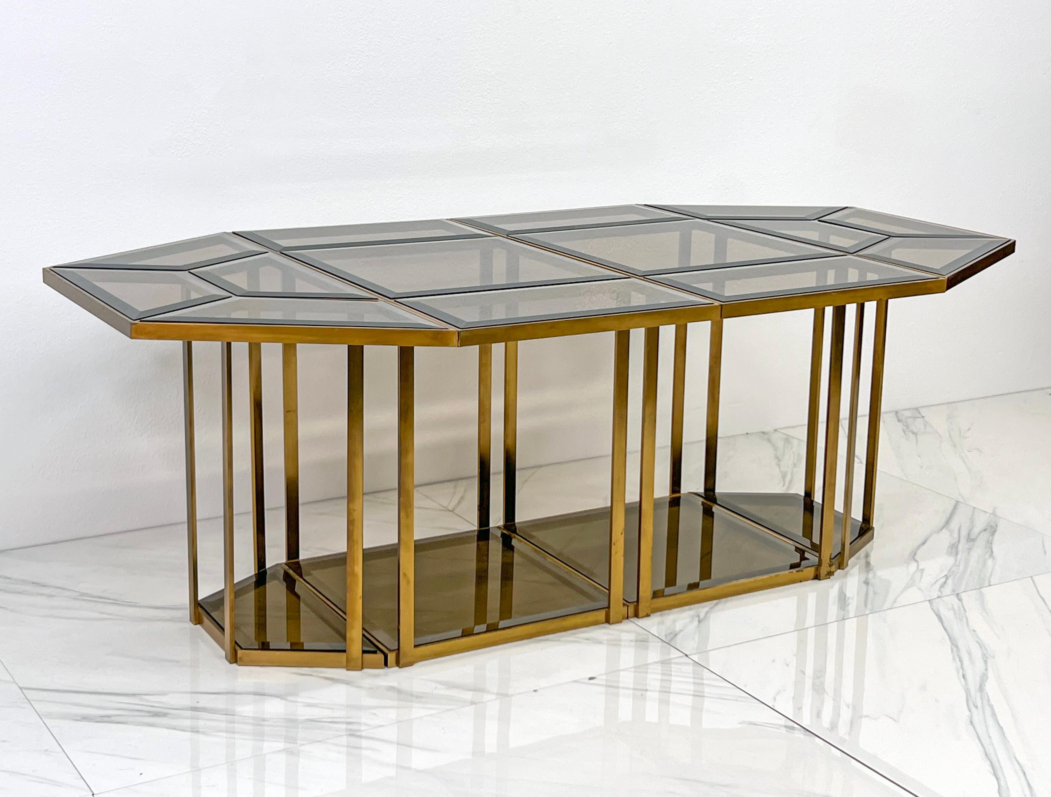 Smoked Glass Brass Puzzle Dining Table, Italy, 1970's For Sale 5