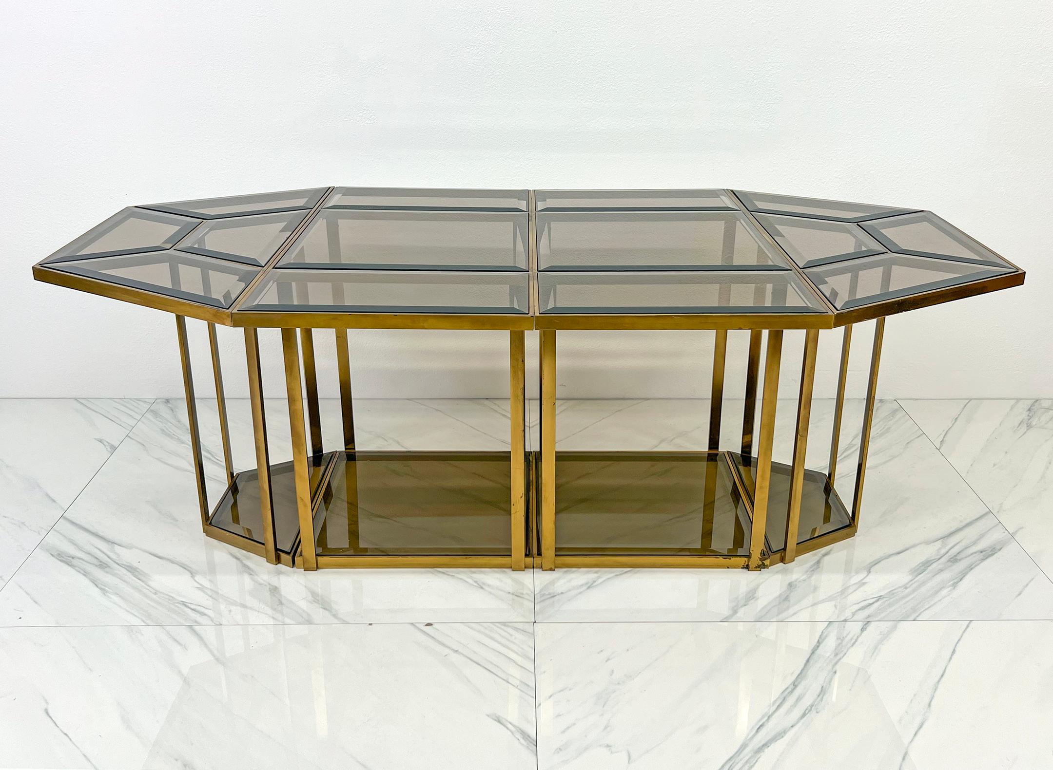 Smoked Glass Brass Puzzle Dining Table, Italy, 1970's For Sale 6