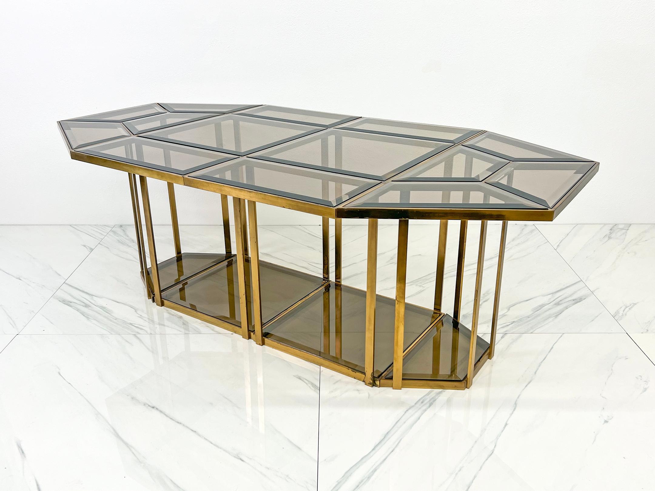 Mid-Century Modern Smoked Glass Brass Puzzle Dining Table, Italy, 1970's For Sale