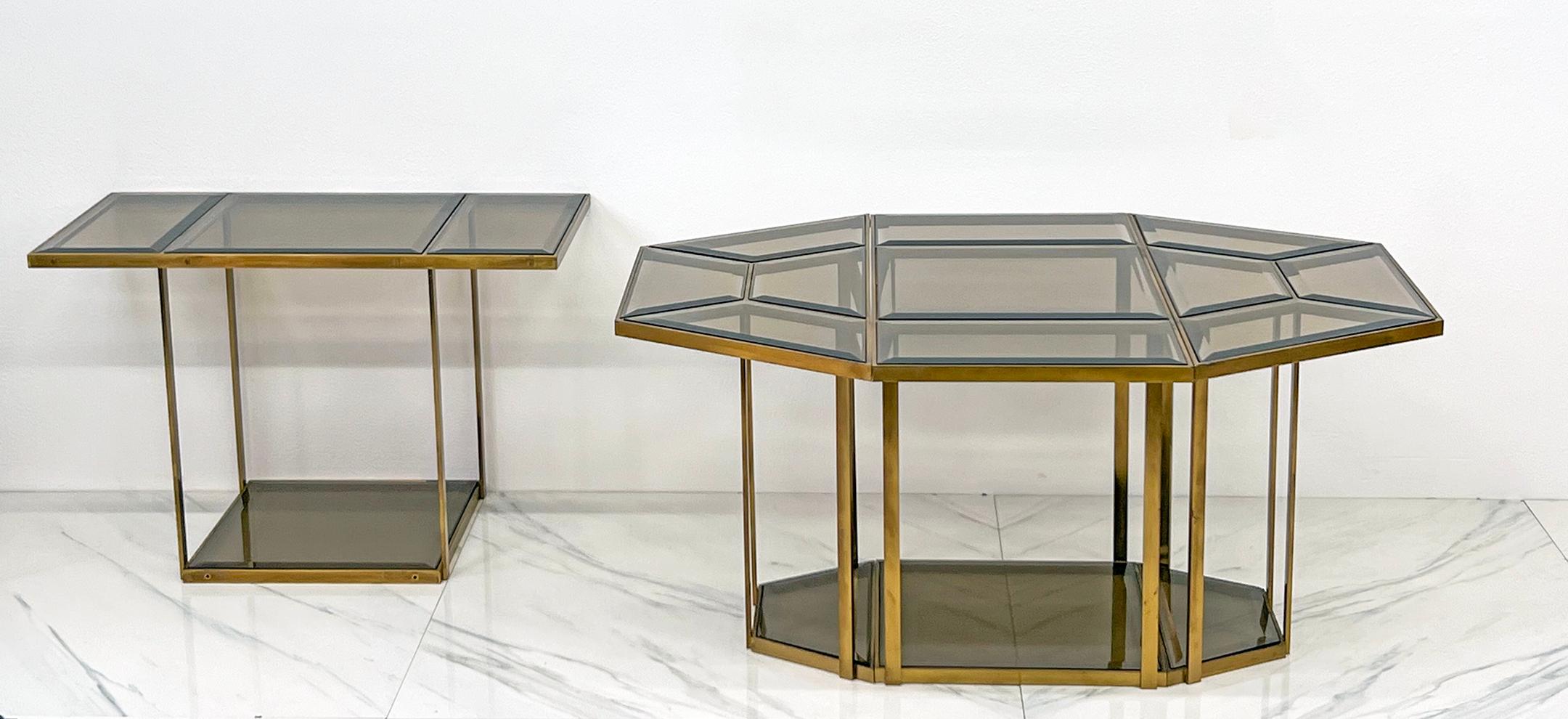 Italian Smoked Glass Brass Puzzle Dining Table, Italy, 1970's For Sale
