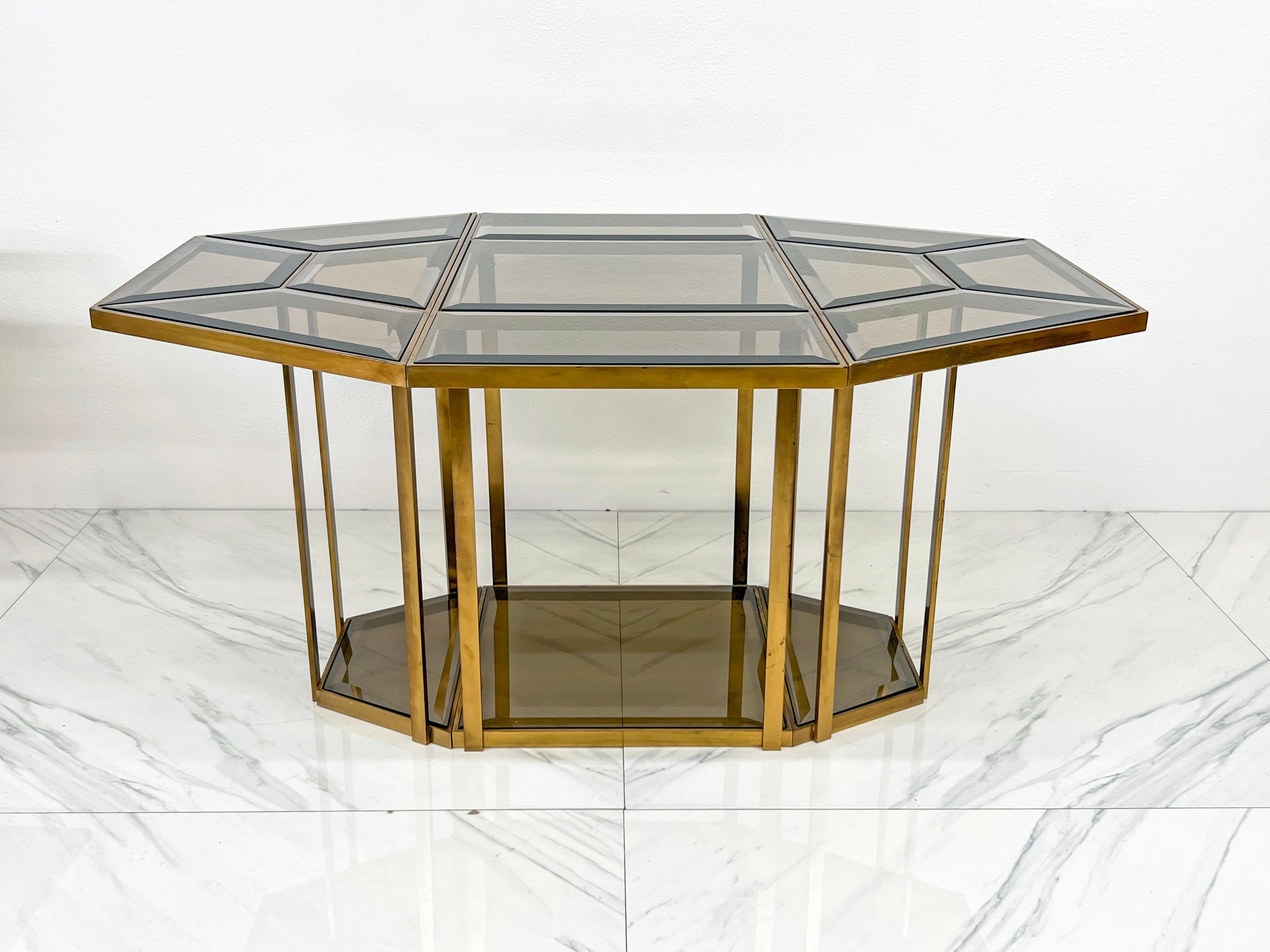Plated Smoked Glass Brass Puzzle Dining Table, Italy, 1970's For Sale