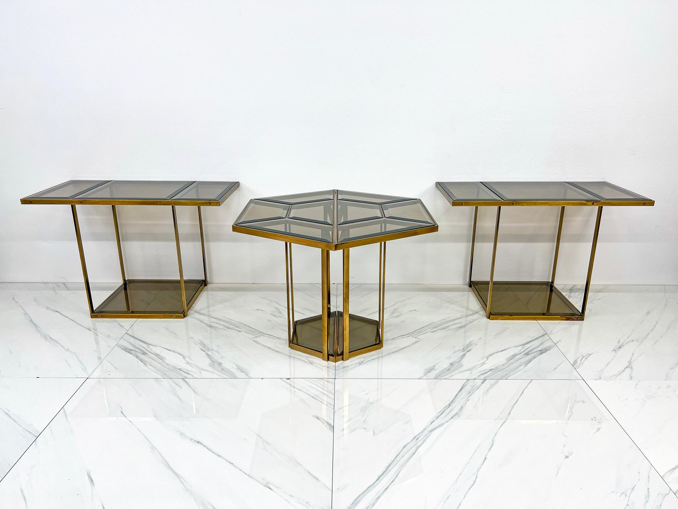 Smoked Glass Brass Puzzle Dining Table, Italy, 1970's In Good Condition For Sale In Culver City, CA