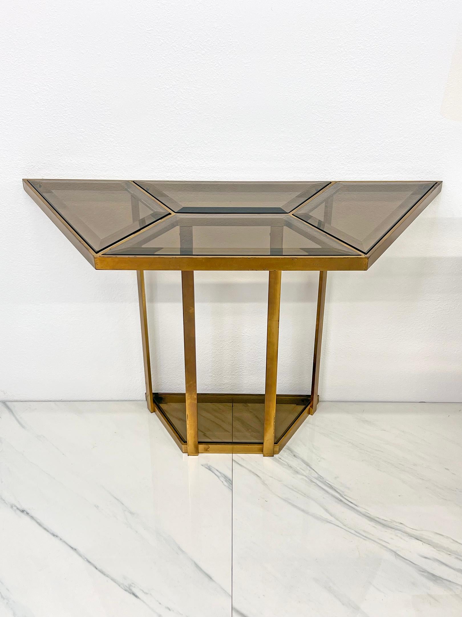 Late 20th Century Smoked Glass Brass Puzzle Dining Table, Italy, 1970's For Sale