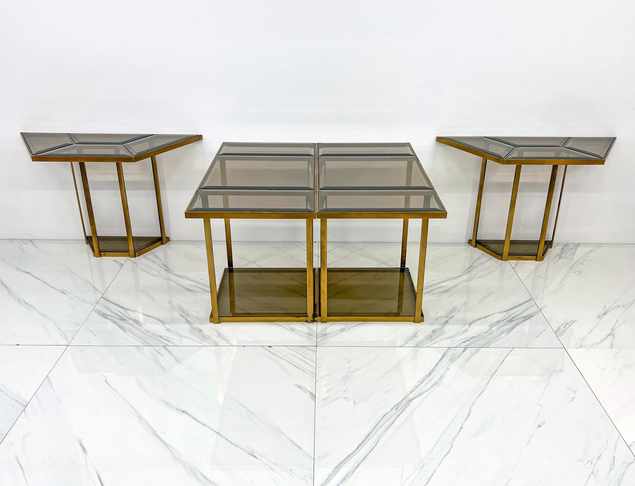 Smoked Glass Brass Puzzle Dining Table, Italy, 1970's For Sale 1