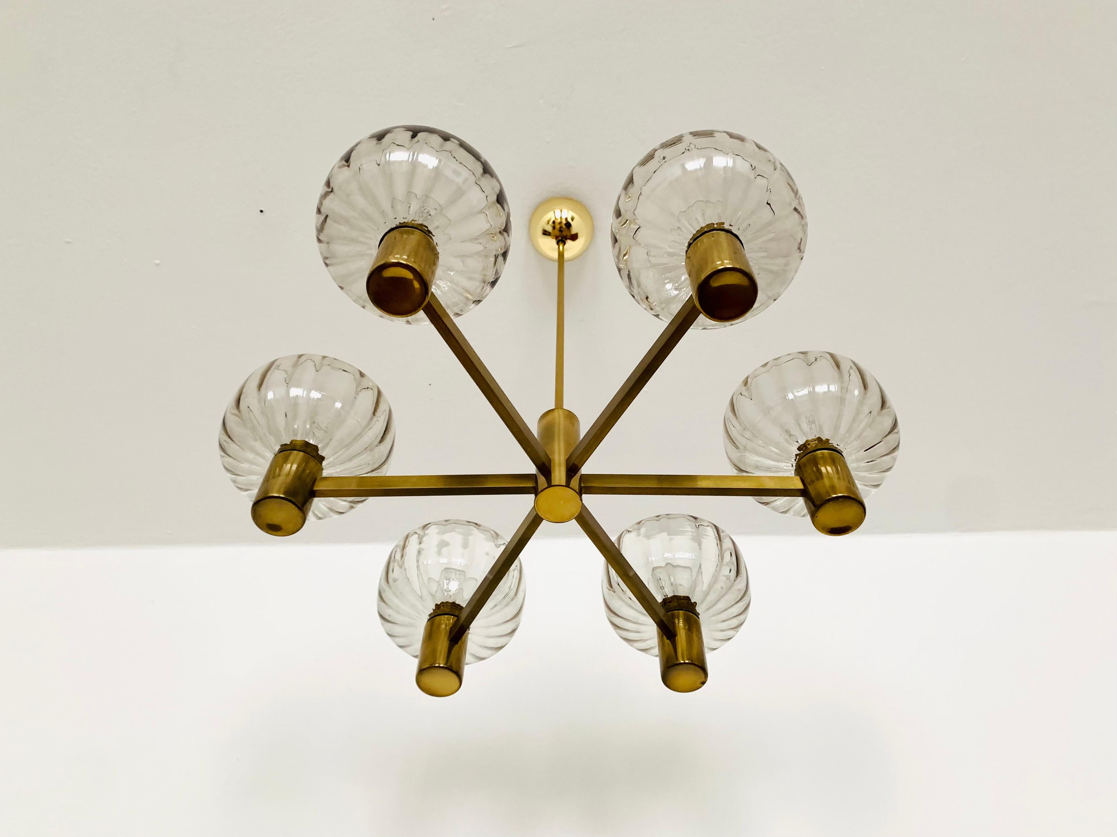 Brass Smoked Glass Chandelier For Sale