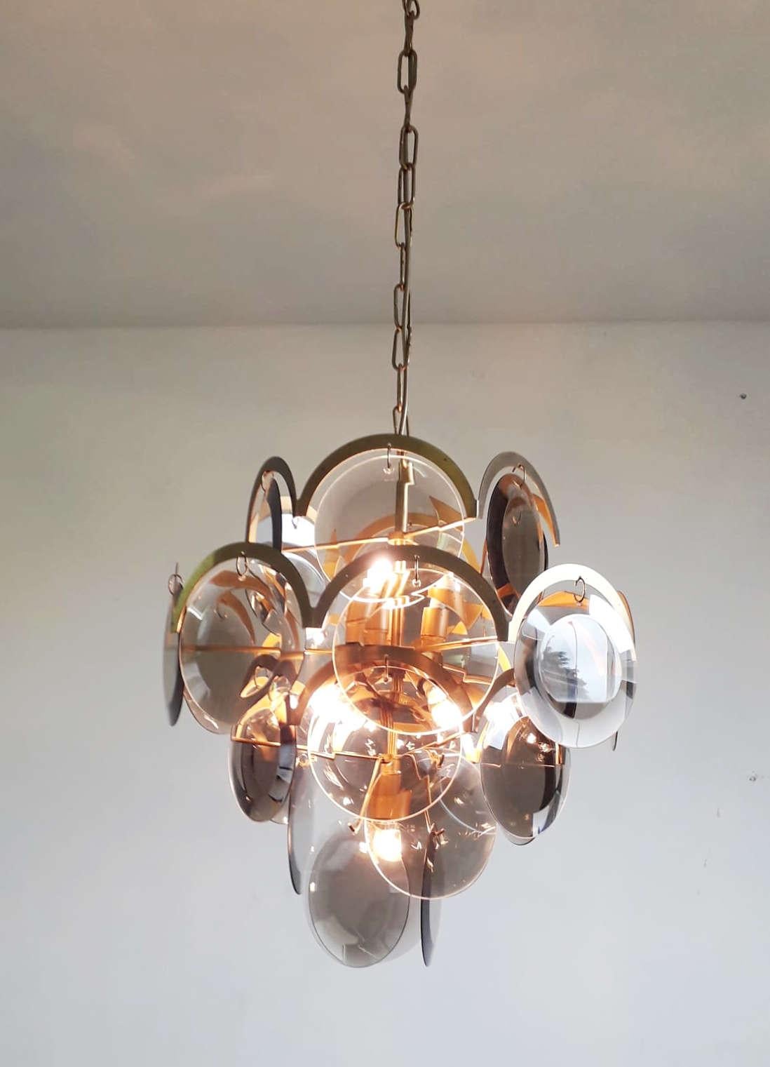 Smoked Glass Discs Chandelier by Vistosi In Good Condition For Sale In Los Angeles, CA