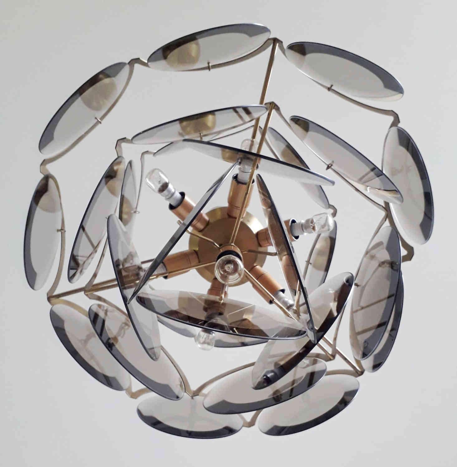 Brass Smoked Glass Discs Chandelier by Vistosi For Sale