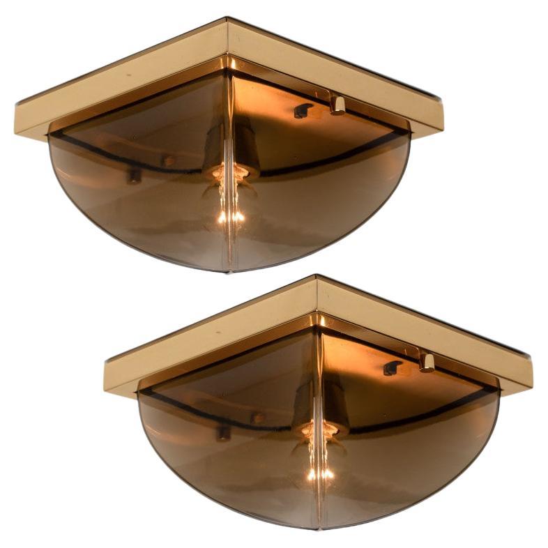 Set of Four Wall Lights with Smoked Glass Globe and Brass by Glashütte