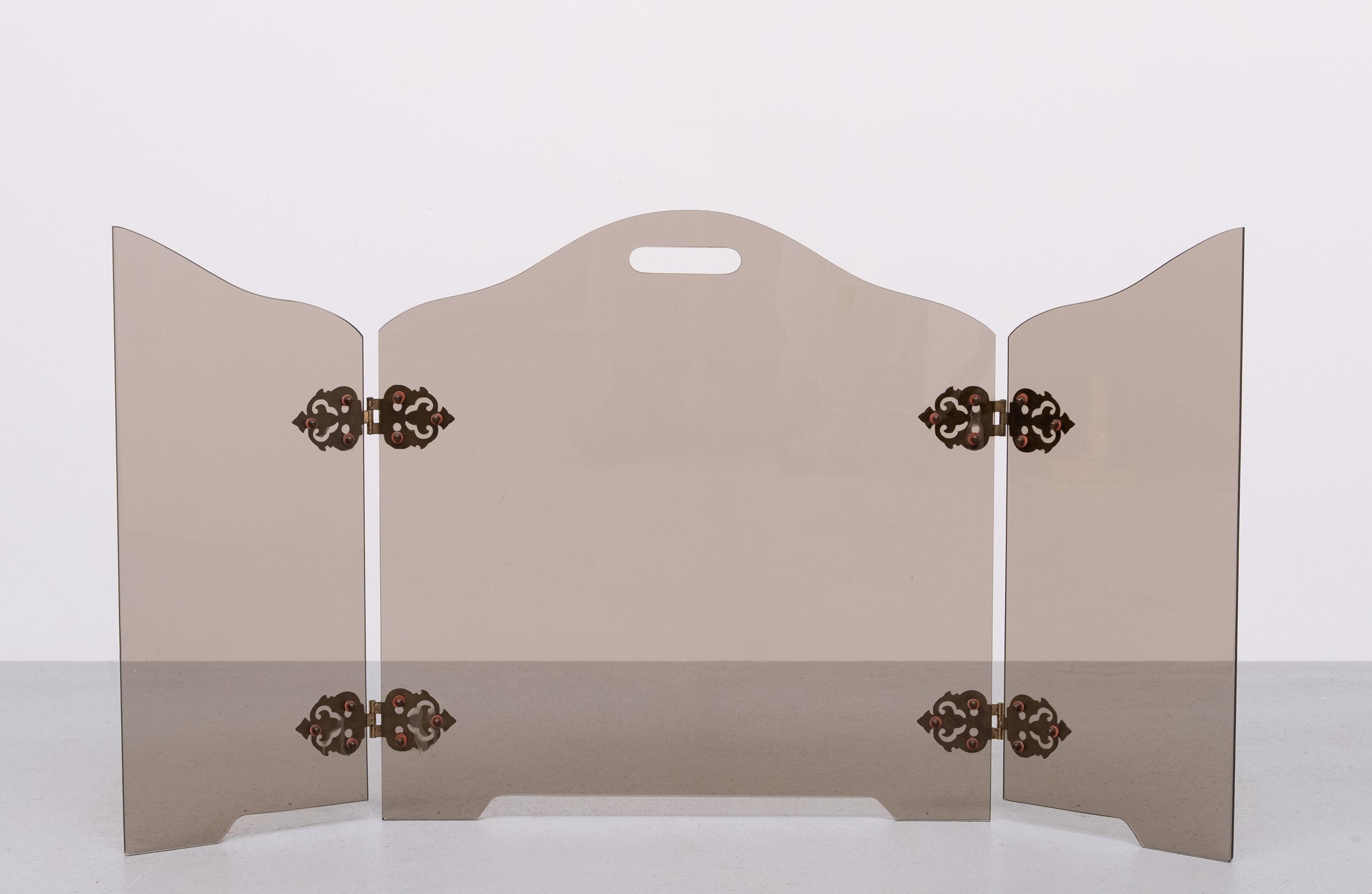 Rauchglas Folding Triptychon Glas Kaminschirm 1950s im Angebot 1