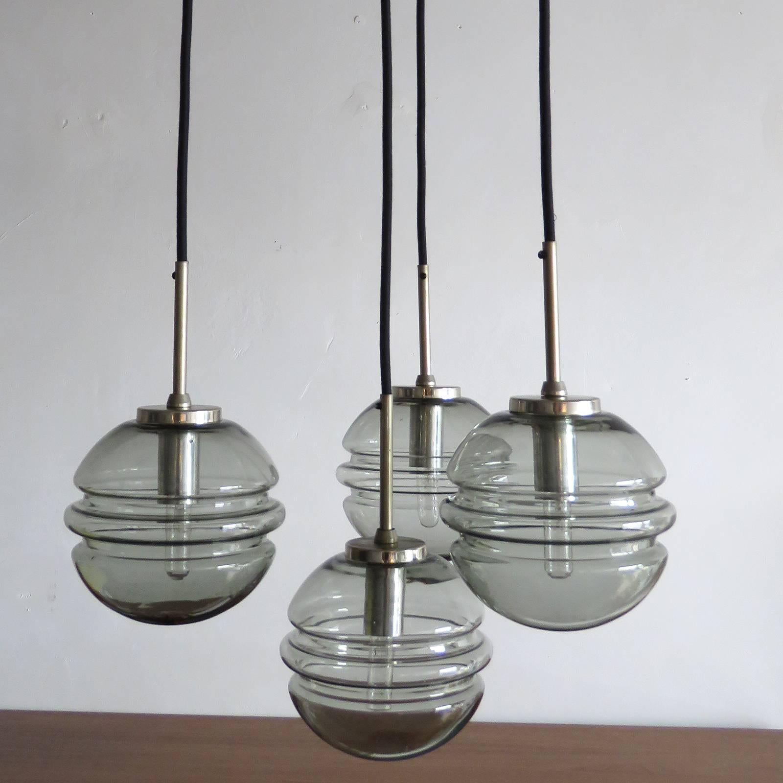 Smoked Glass Four-Globe Hanging Fixture, 1970 In Good Condition In Los Angeles, CA