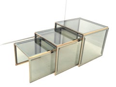 Smoked Glass Nesting Tables with Brass Frames and Mirrored Edges, Italy, 1980s