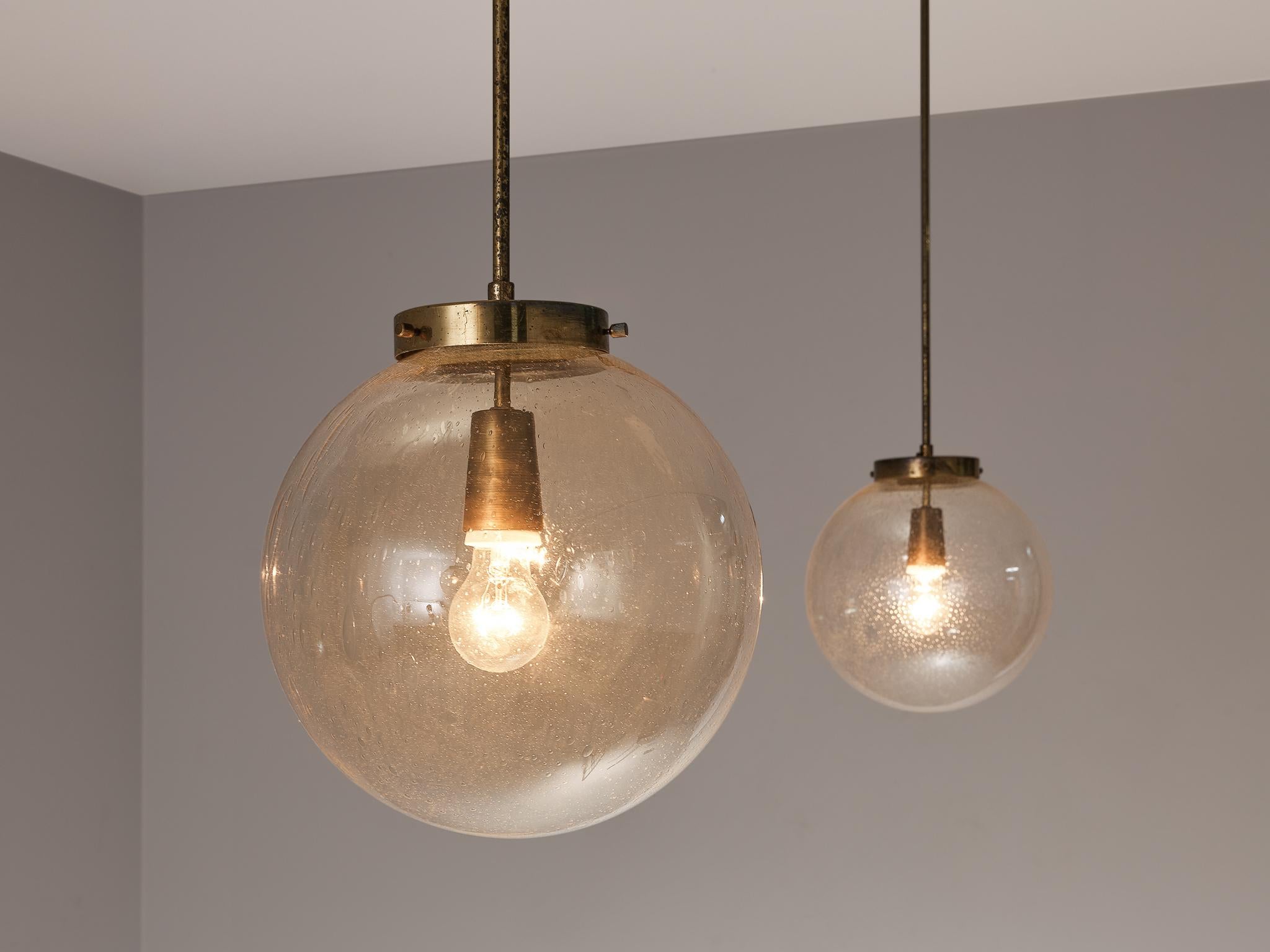 Mid-Century Modern Smoked Glass Pendants with Brass Fixture  For Sale