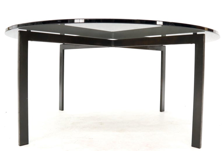 Steel Smoked Glass Round Top X-Base Coffee Table For Sale