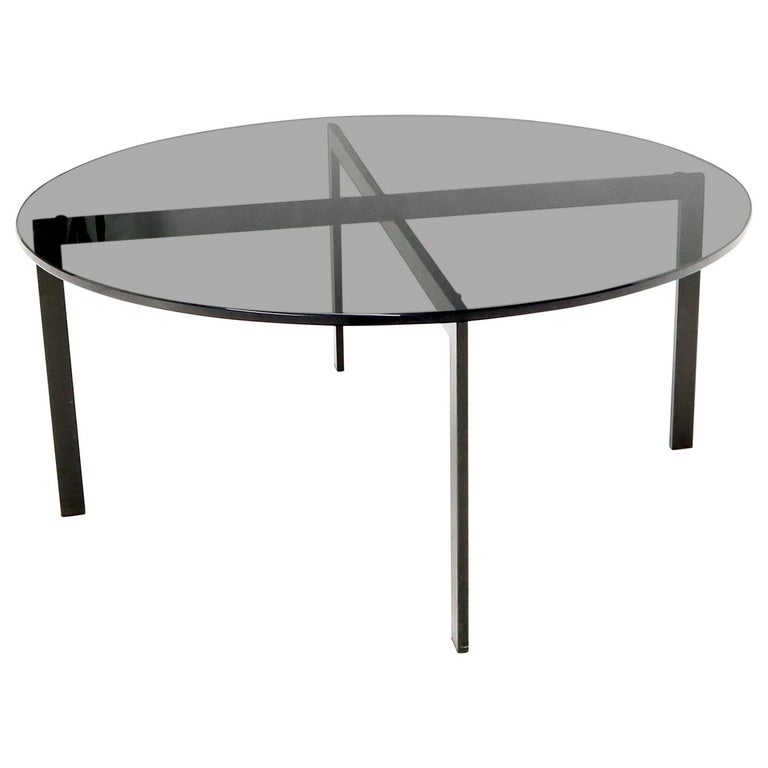 Smoked Glass Round Top X-Base Coffee Table For Sale