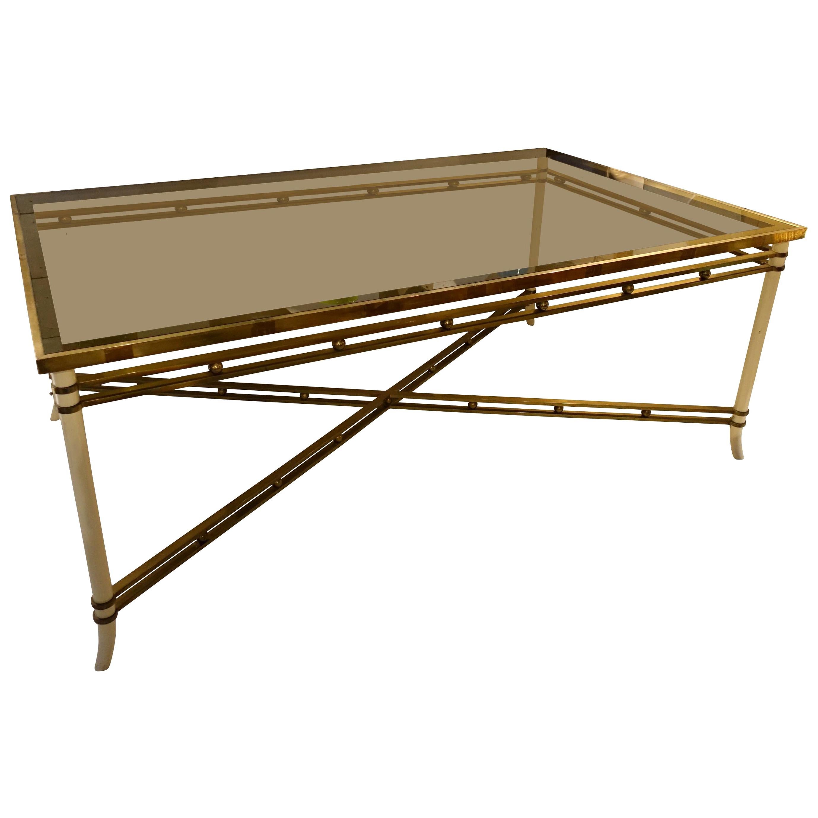 Smoked Glass Top, Cream Colored Legs Dining Table, France, Midcentury For Sale