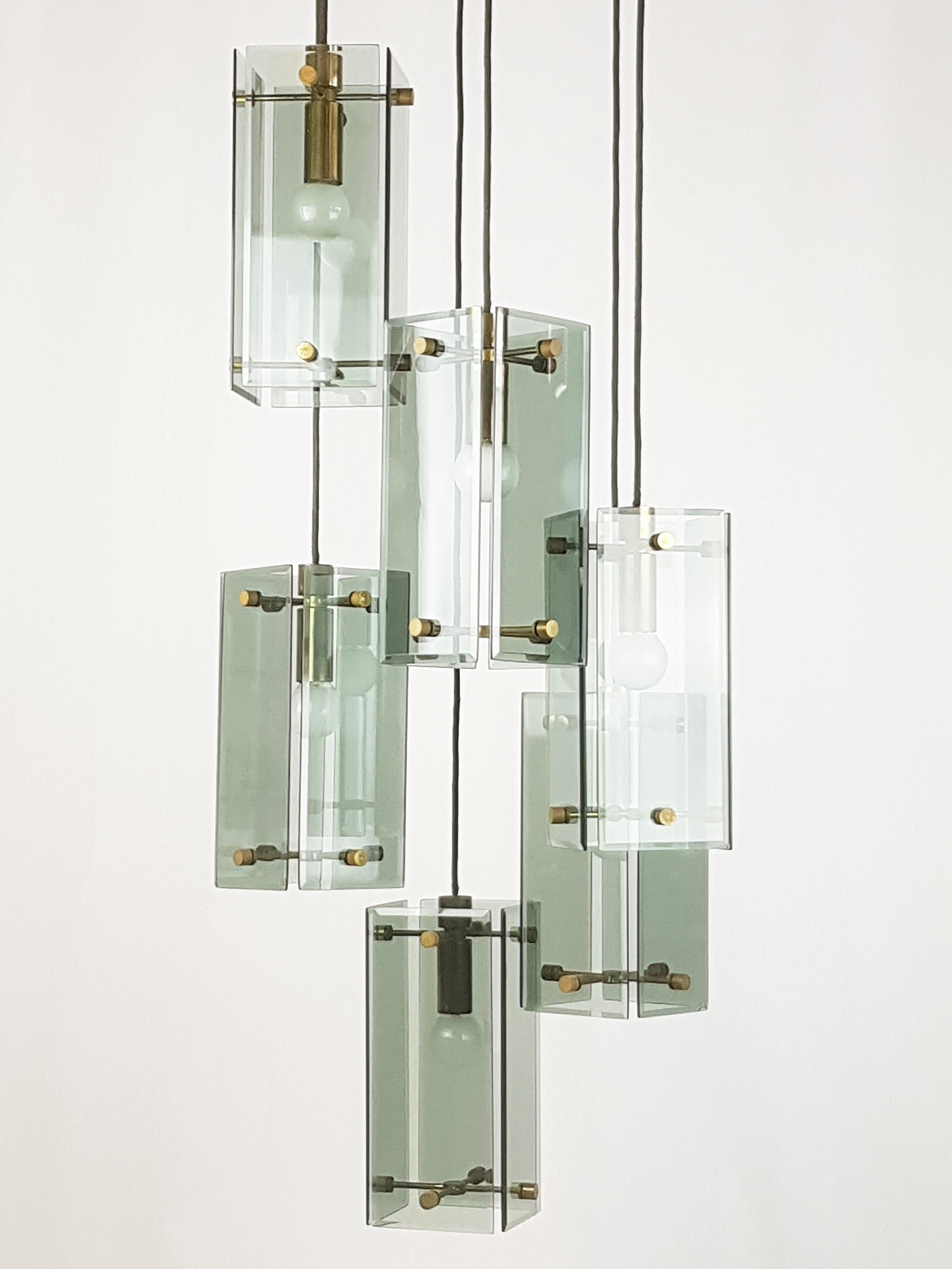 Mid-Century Modern Smoked Glass, Wood and Brass Sex-Lights Pendant in the Style of Fontana Arte For Sale
