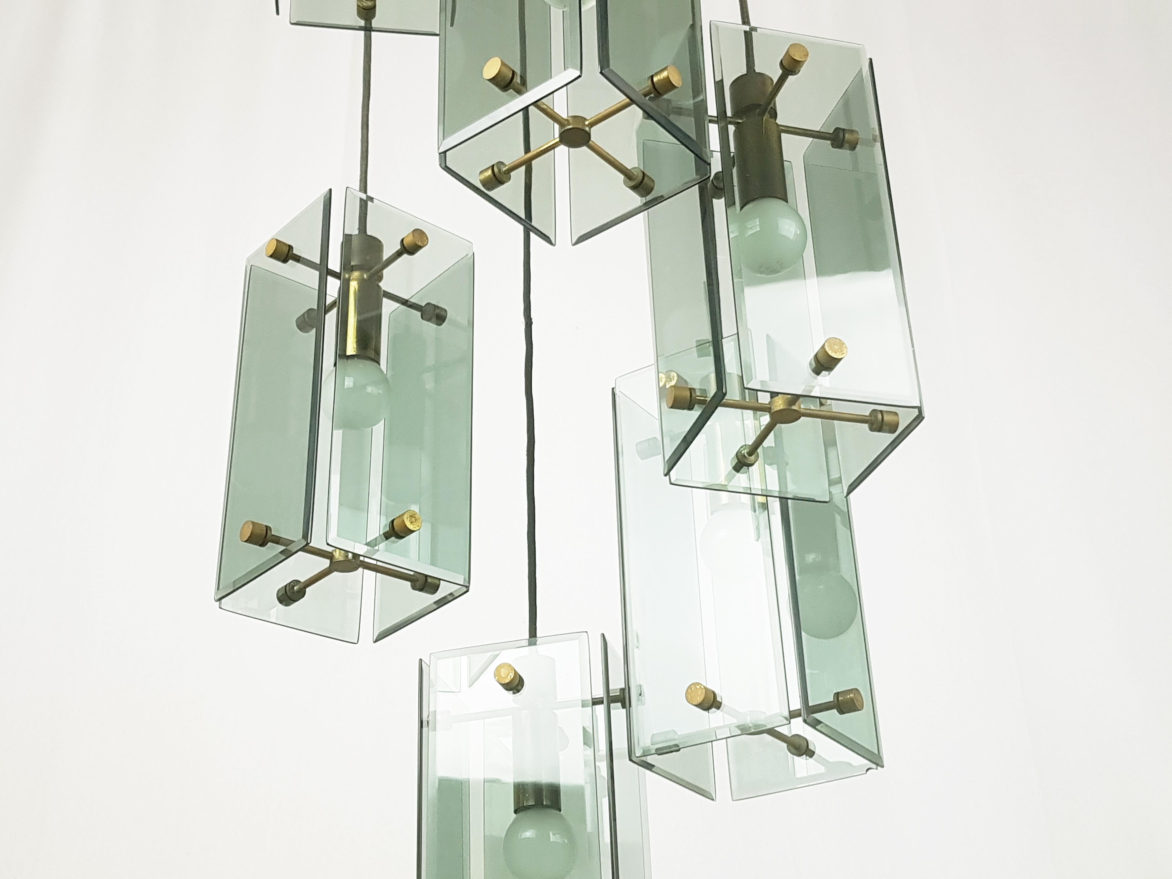 Anodized Smoked Glass, Wood and Brass Sex-Lights Pendant in the Style of Fontana Arte For Sale