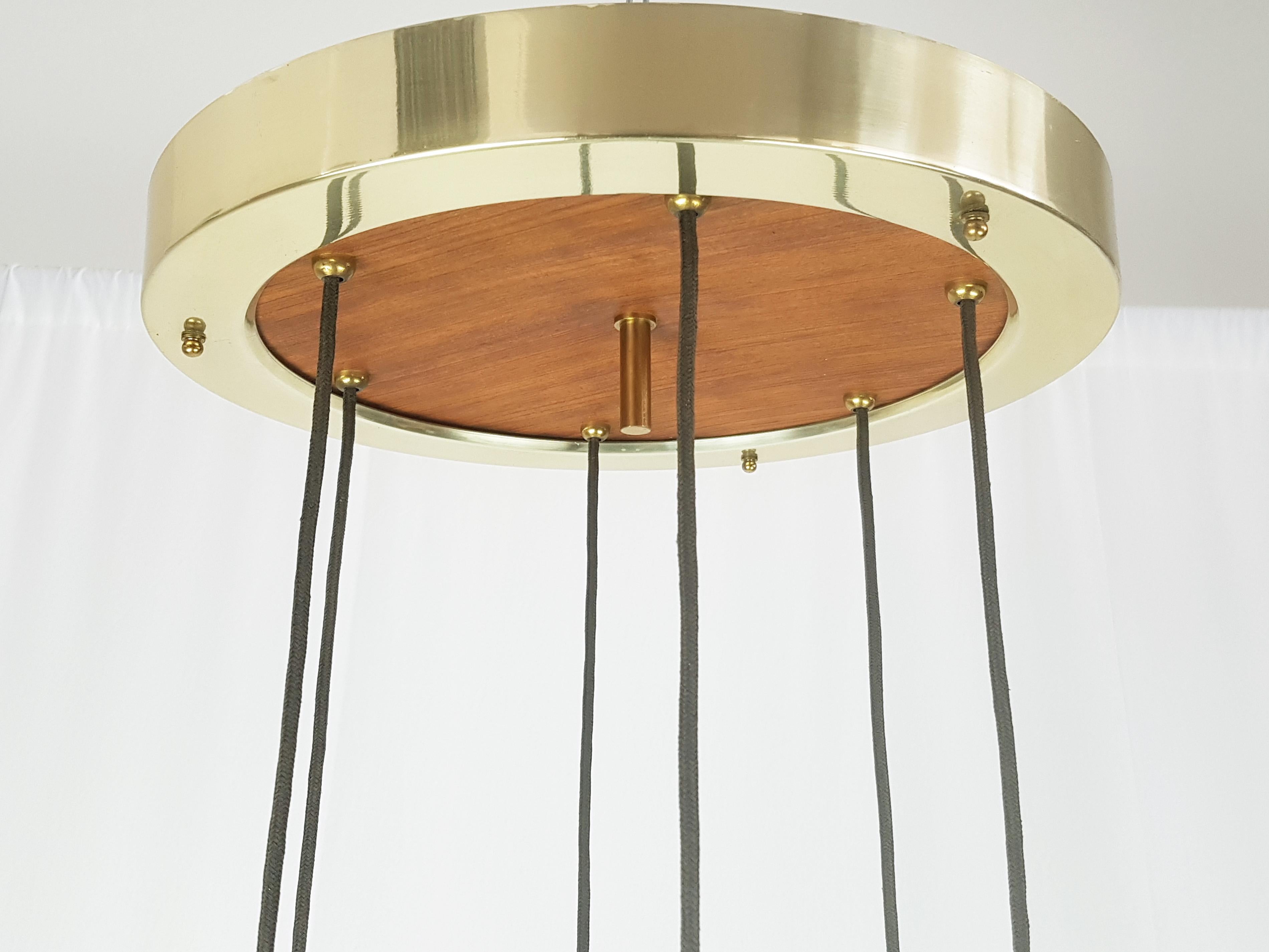 Smoked Glass, Wood and Brass Sex-Lights Pendant in the Style of Fontana Arte For Sale 1