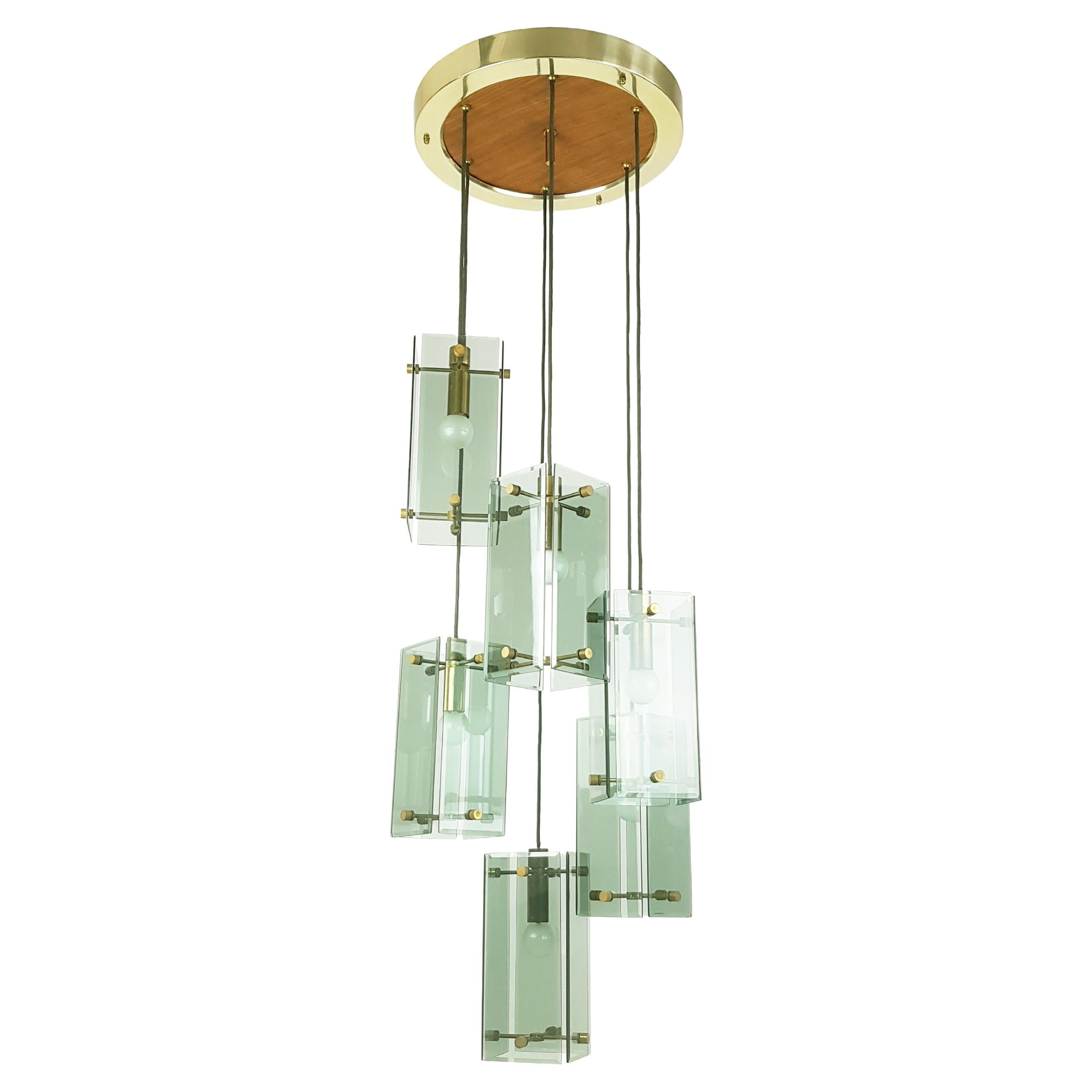 Smoked Glass, Wood and Brass Sex-Lights Pendant in the Style of Fontana Arte For Sale