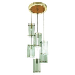 Smoked Glass, Wood and Brass Sex-Lights Pendant in the Style of Fontana Arte