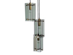Smoked Glass, Wood and Brass Three-Lights Pendant in the Style of Fontana Arte